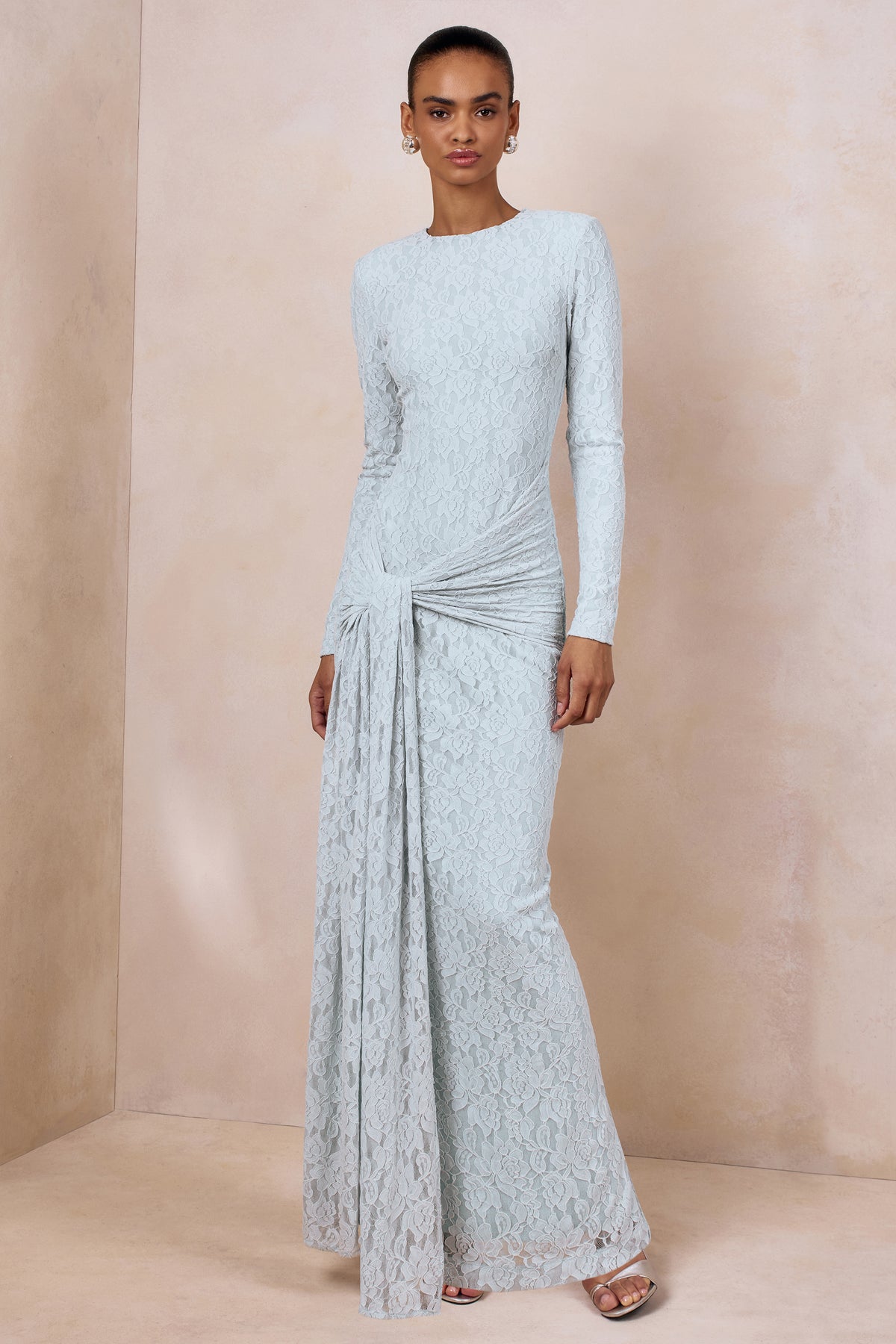 Evangela Powder Blue Lace Crew-Neck Maxi Dress With Wrap-Detail Club L London - SA Evangela Powder Blue Lace Crew-Neck Maxi Dress With Wrap-Detail Club L London - SA