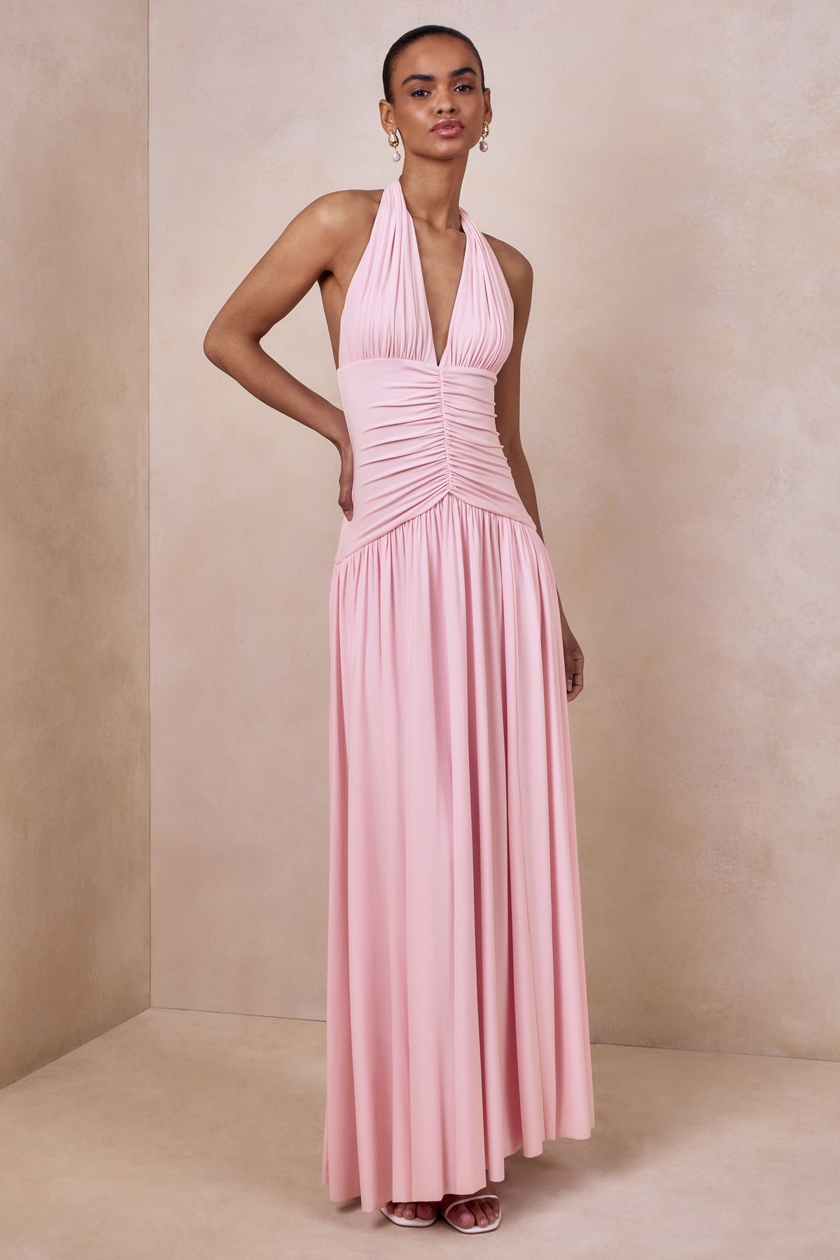 knee length dresses for ladies Bettina Pink Plunge-Neck Maxi Dress With Gathered-Detailing – Club L London