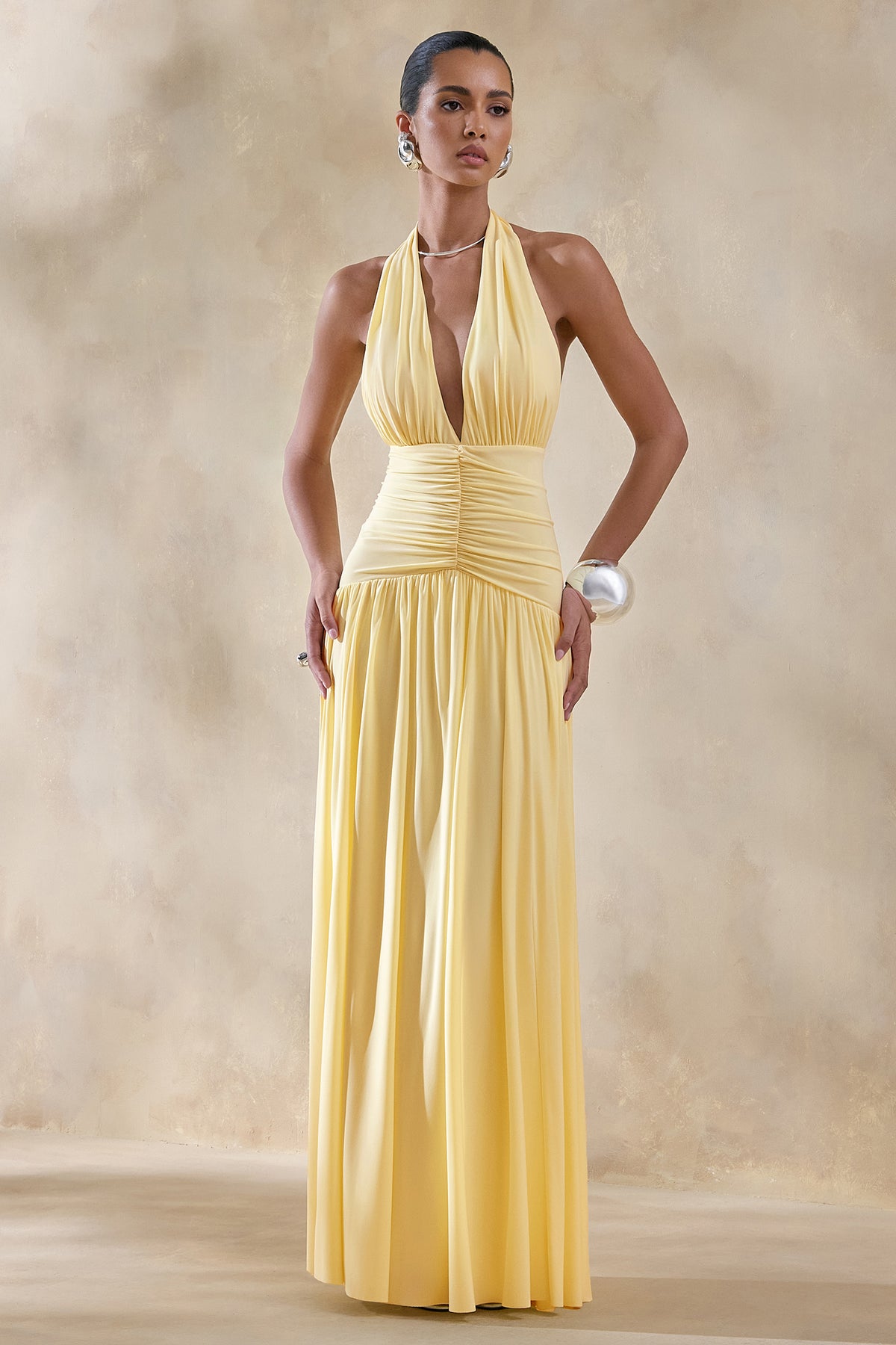 Bettina Lemon Plunge-Neck Maxi Dress With Gathered-Detailing – Club L  London