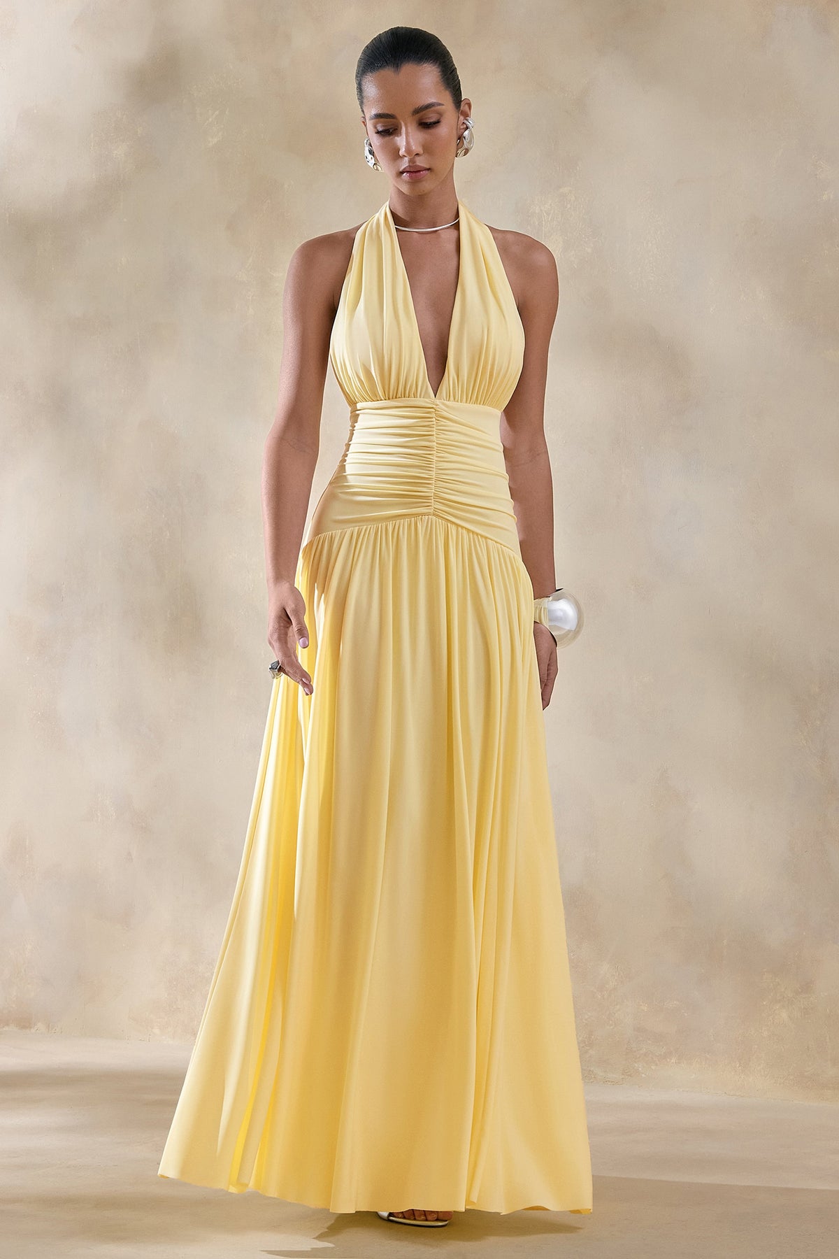 plunge neck maxi dress Bettina Lemon Plunge-Neck Maxi Dress With Gathered-Detailing – Club L London