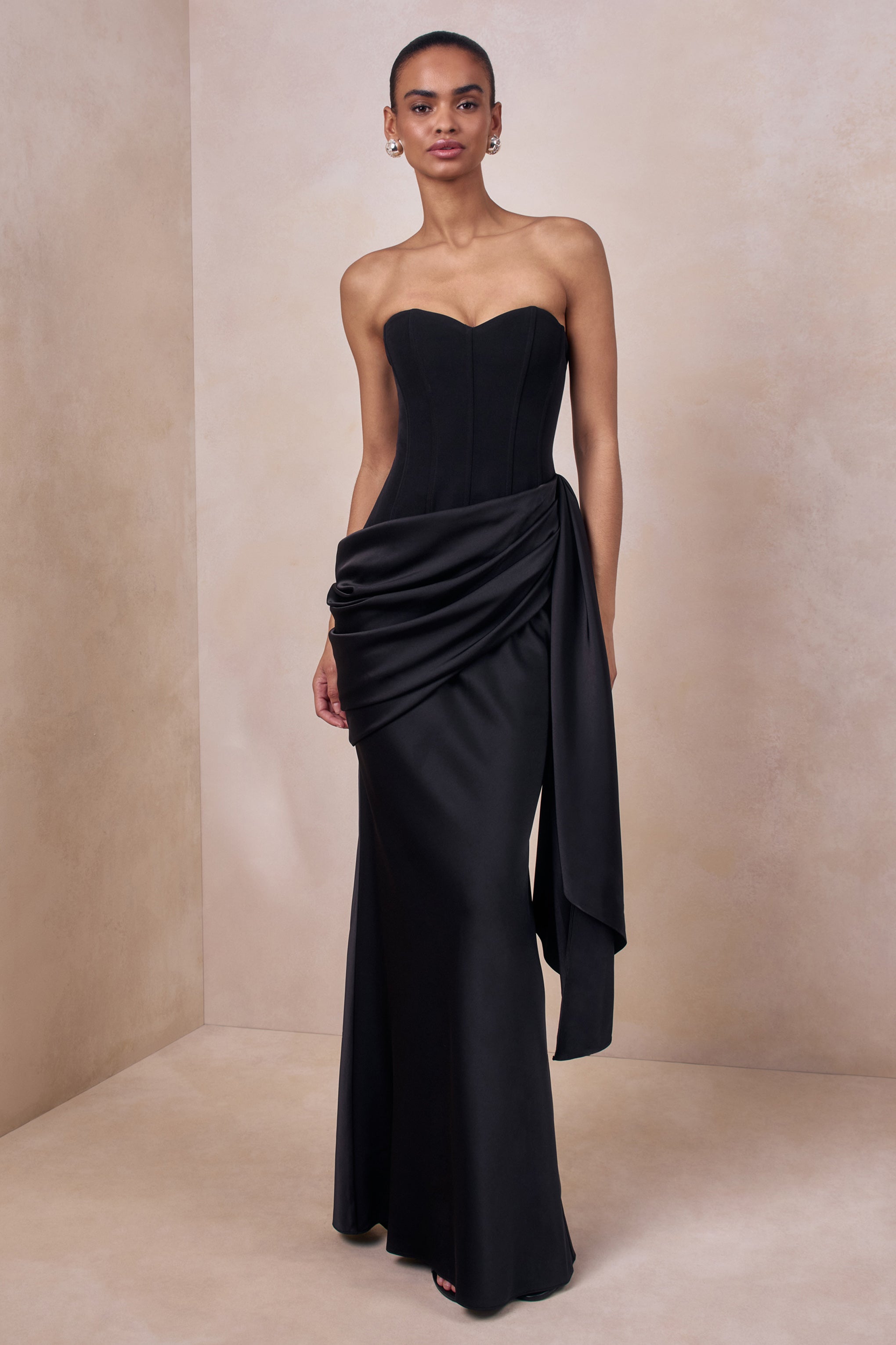 Nalira | Black Satin Bandeau Maxi Dress With Draped Skirt – Club L