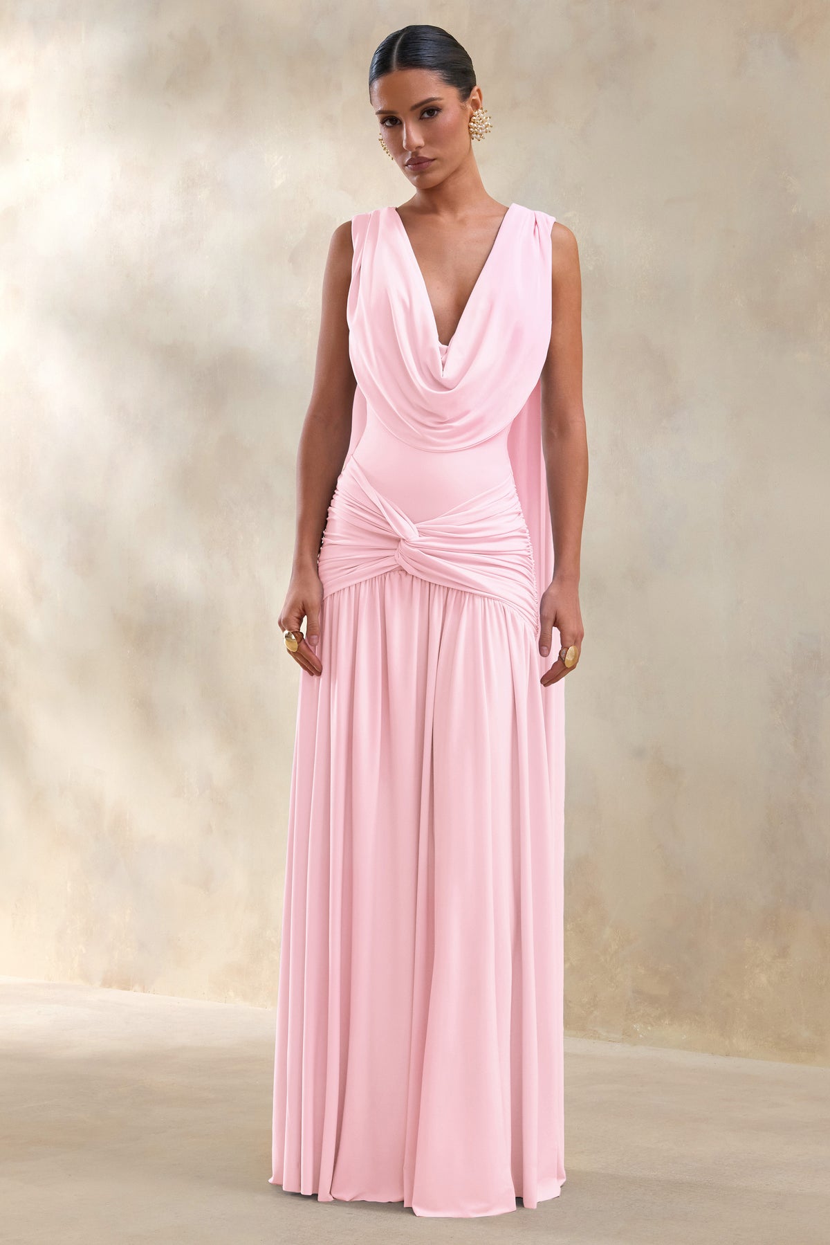 ECM_HR_CL137299081 - Amelisse | Light Pink Plunge-Neck Maxi Dress With Ruched-Detailing_01.jpg