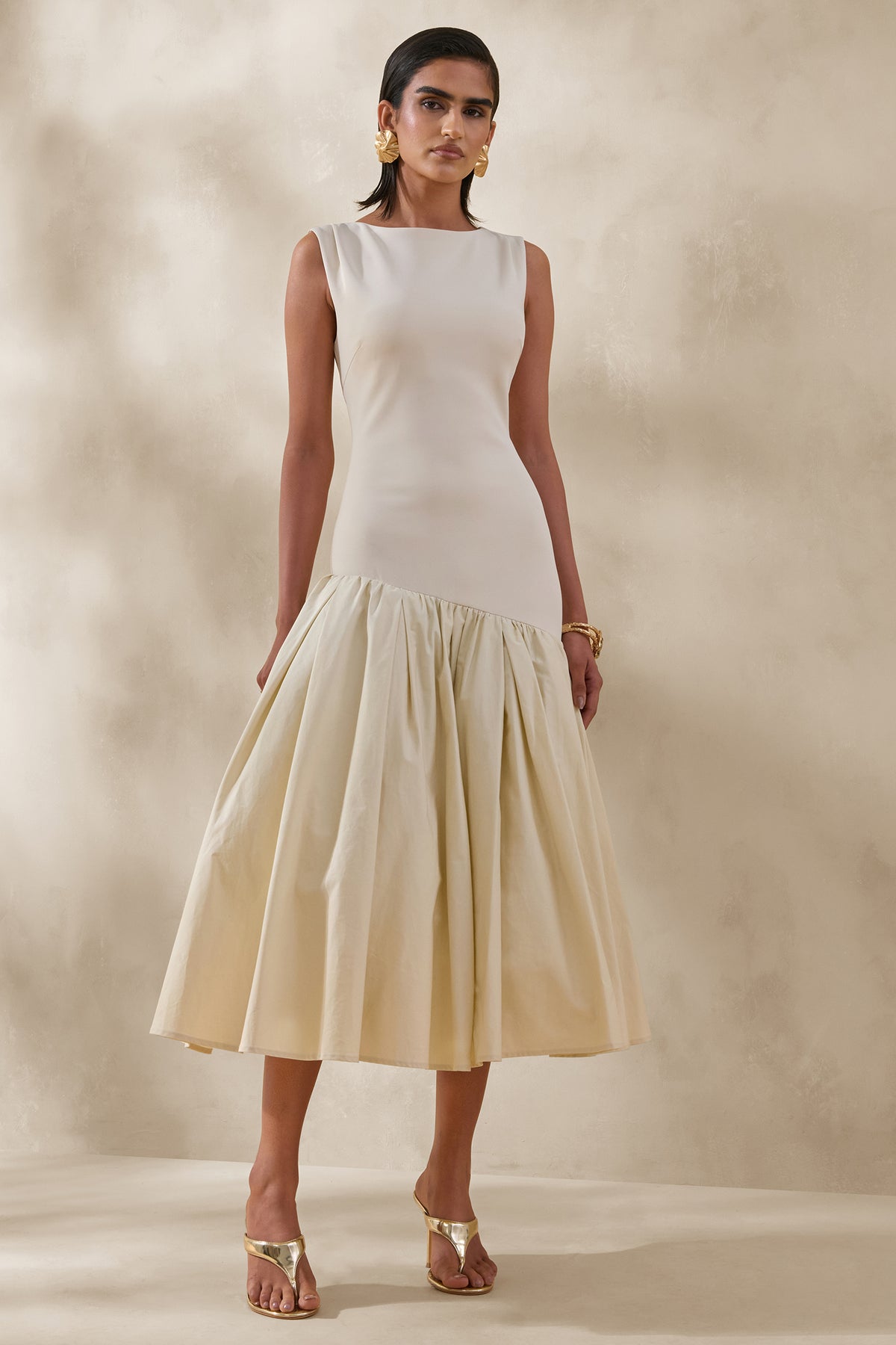 boat neck drop waist midi dress Mixed-Lace Paneled Boat-Neck Drop-Waist Midi Dress (Women)