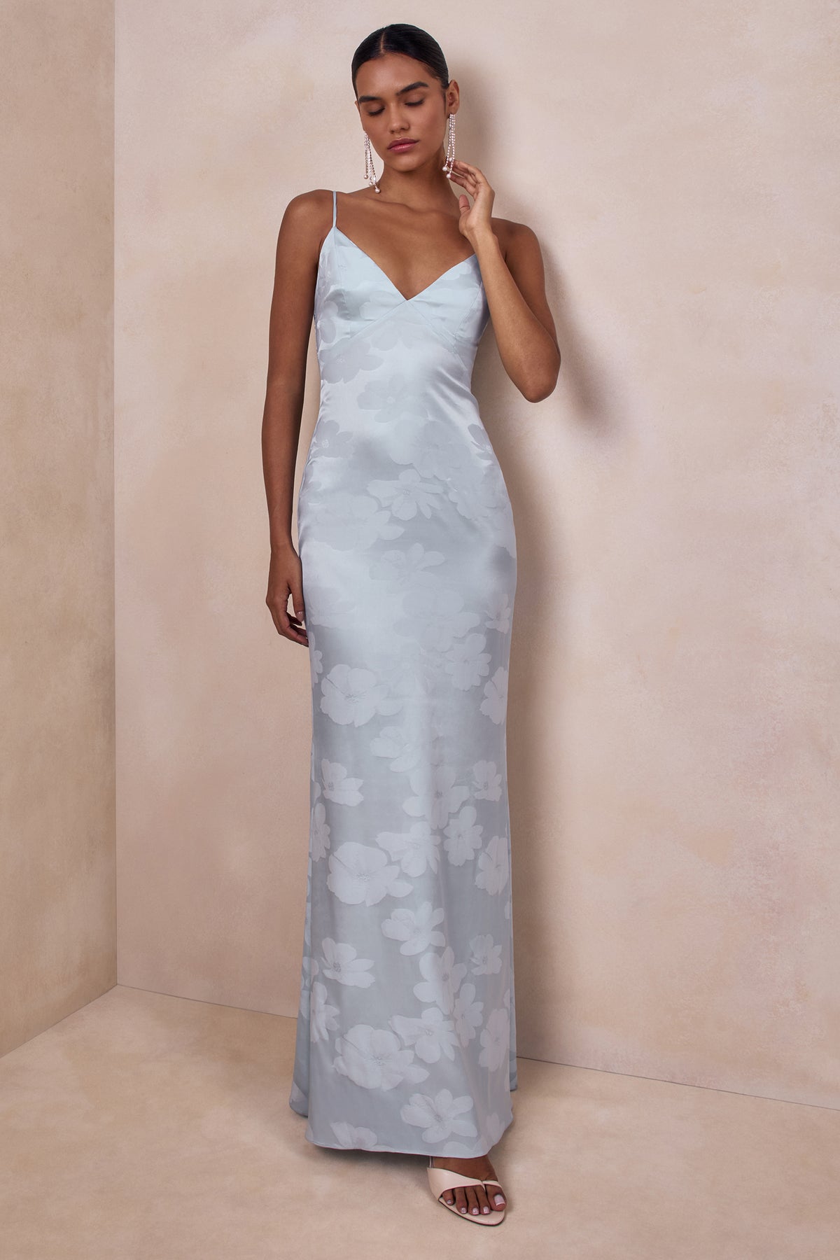 embellished bandeau cowl neck maxi dress in light blue Carelle Powder Blue Satin Plunge-Neck Maxi Dress With Asymmetric Dro – Club  L London