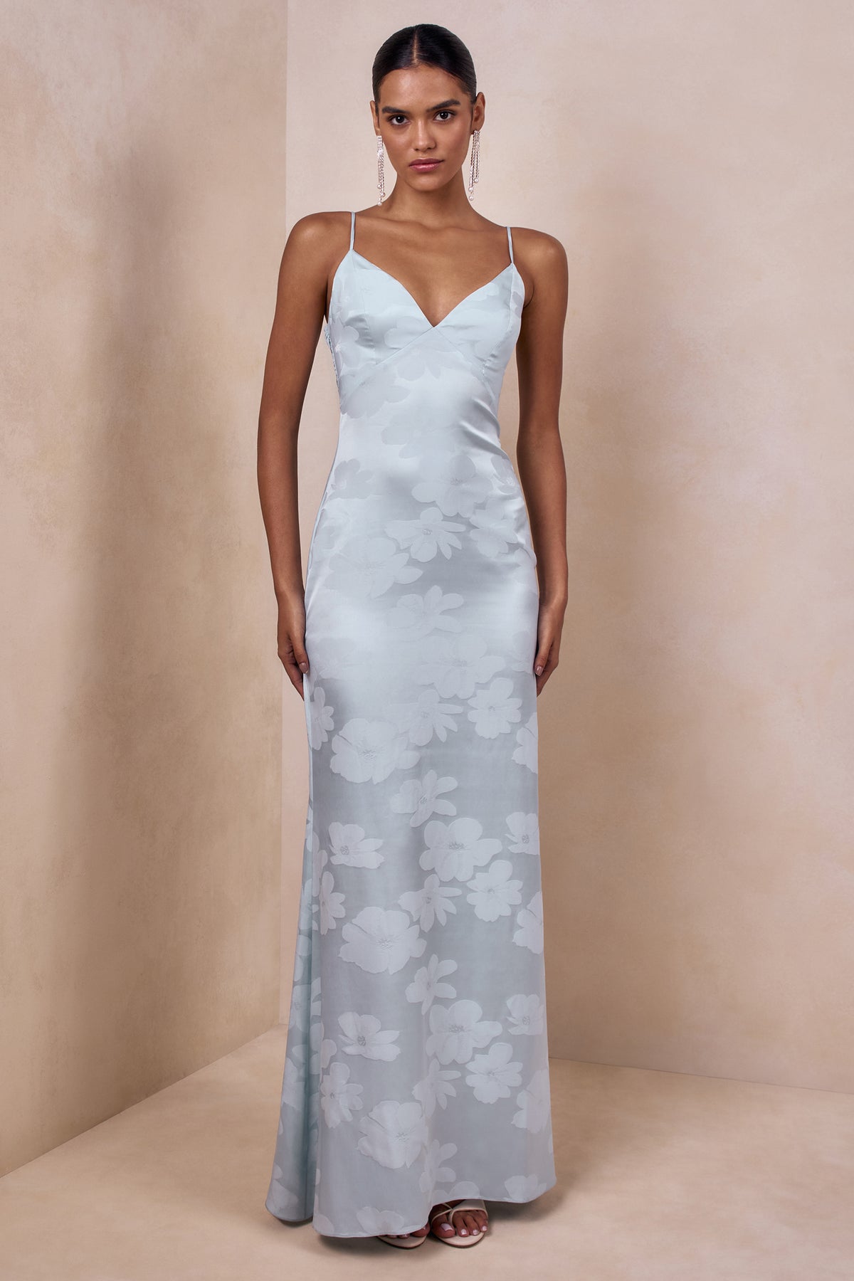 open lace back dress Carelle Powder Blue Satin Plunge-Neck Maxi Dress With Asymmetric Dro – Club  L London