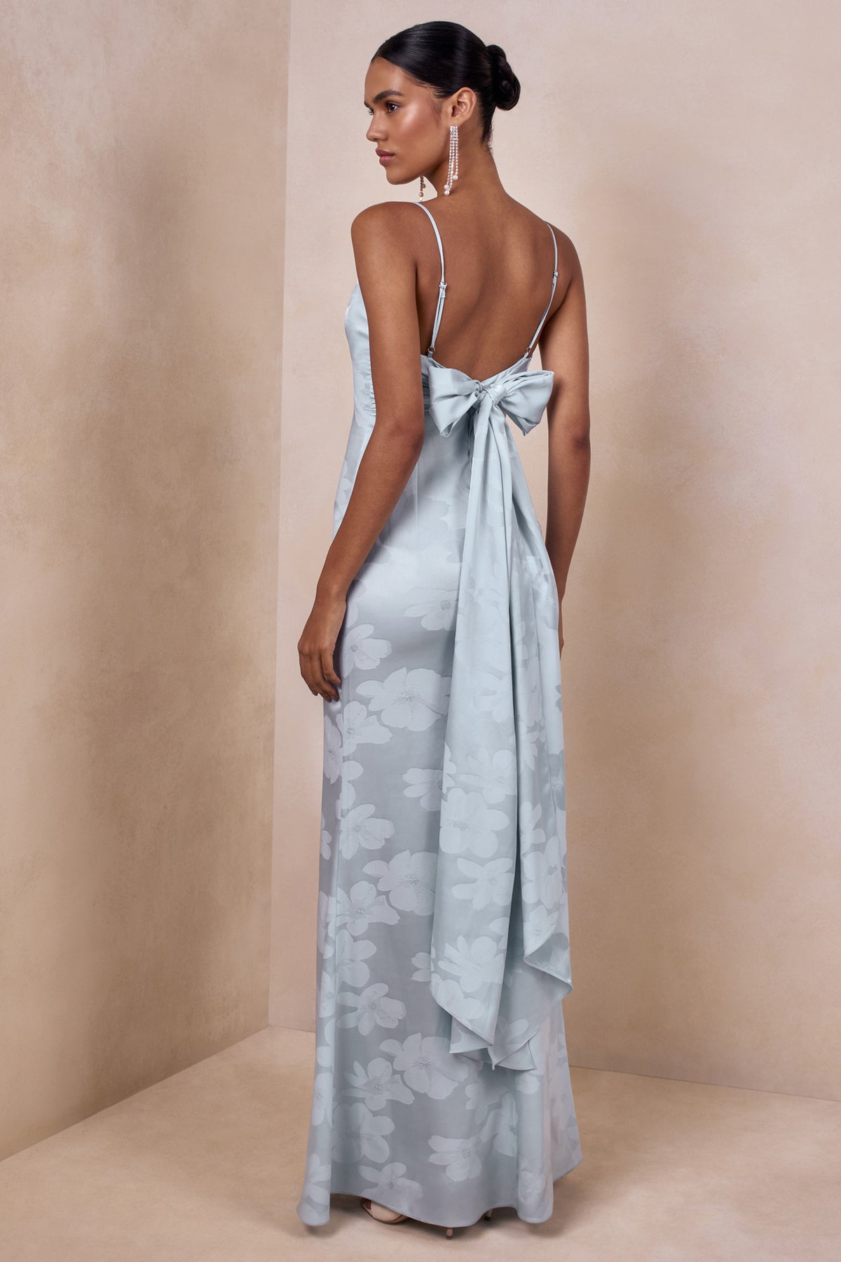 embellished bandeau cowl neck maxi dress in light blue Carelle Powder Blue Satin Plunge-Neck Maxi Dress With Asymmetric Dro – Club  L London