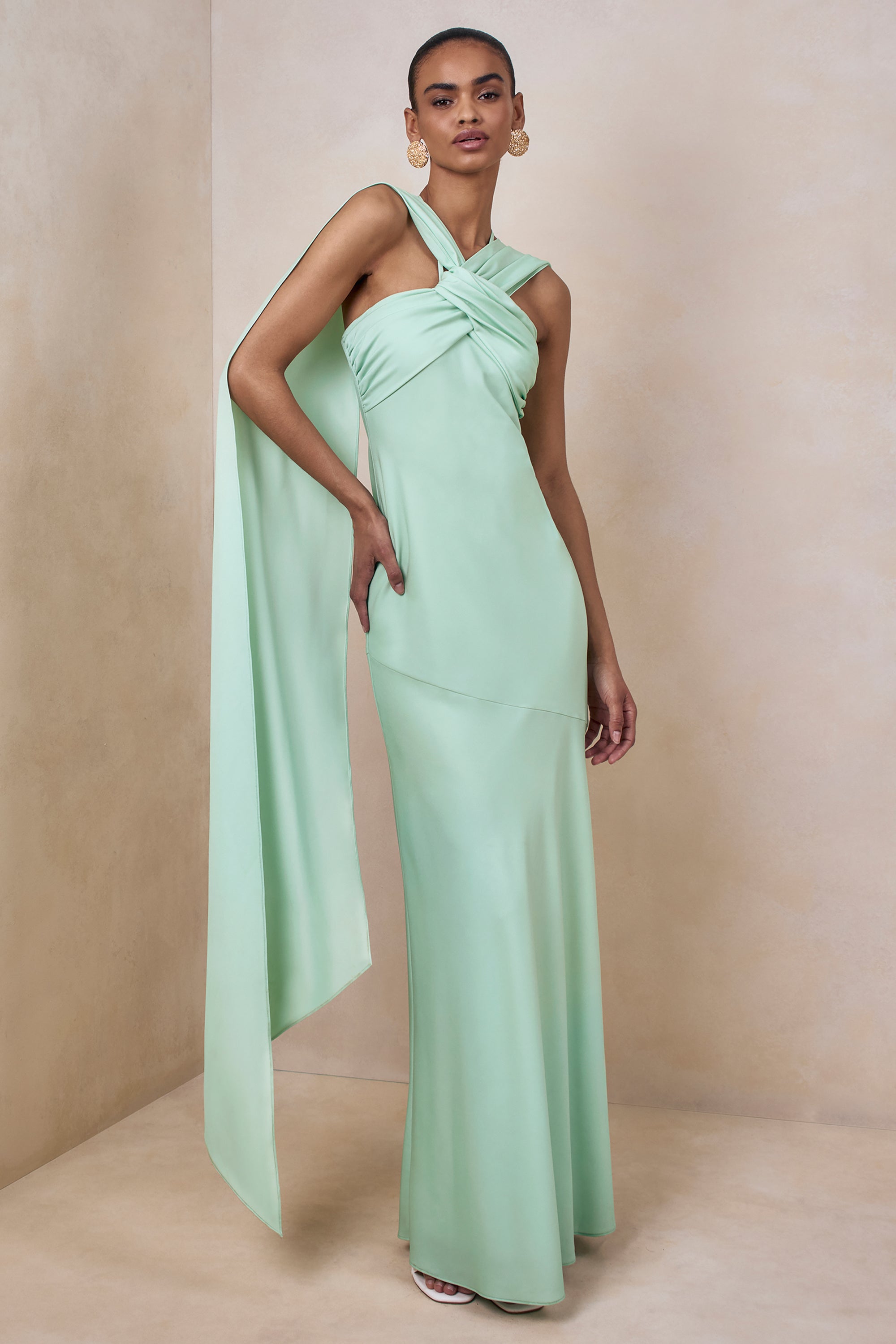 Sloane | Mint Matte Satin Halter-Neck Maxi Dress With Cape – Club L London