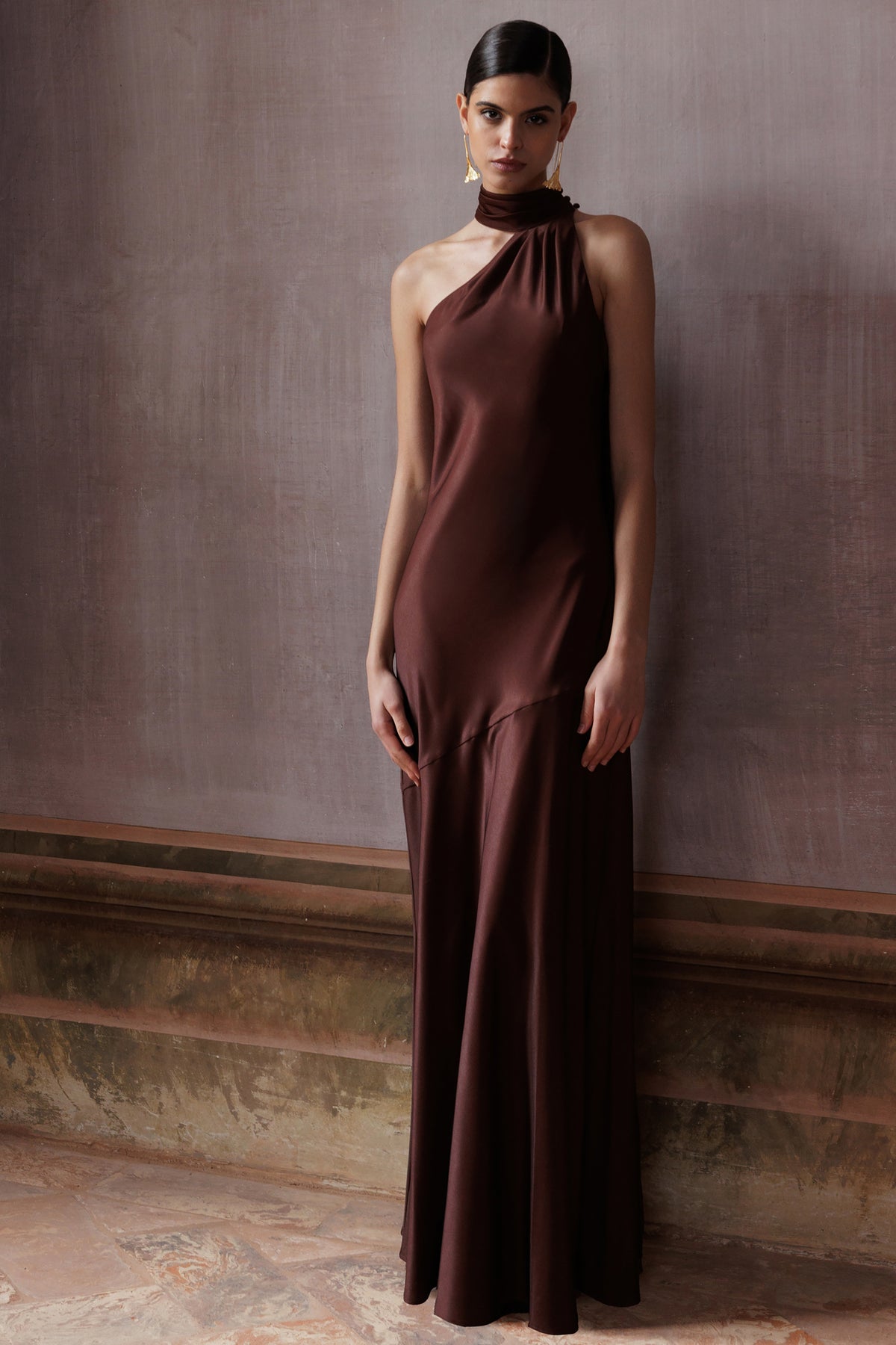high neck brown satin dress brown silk maxi dress Cara