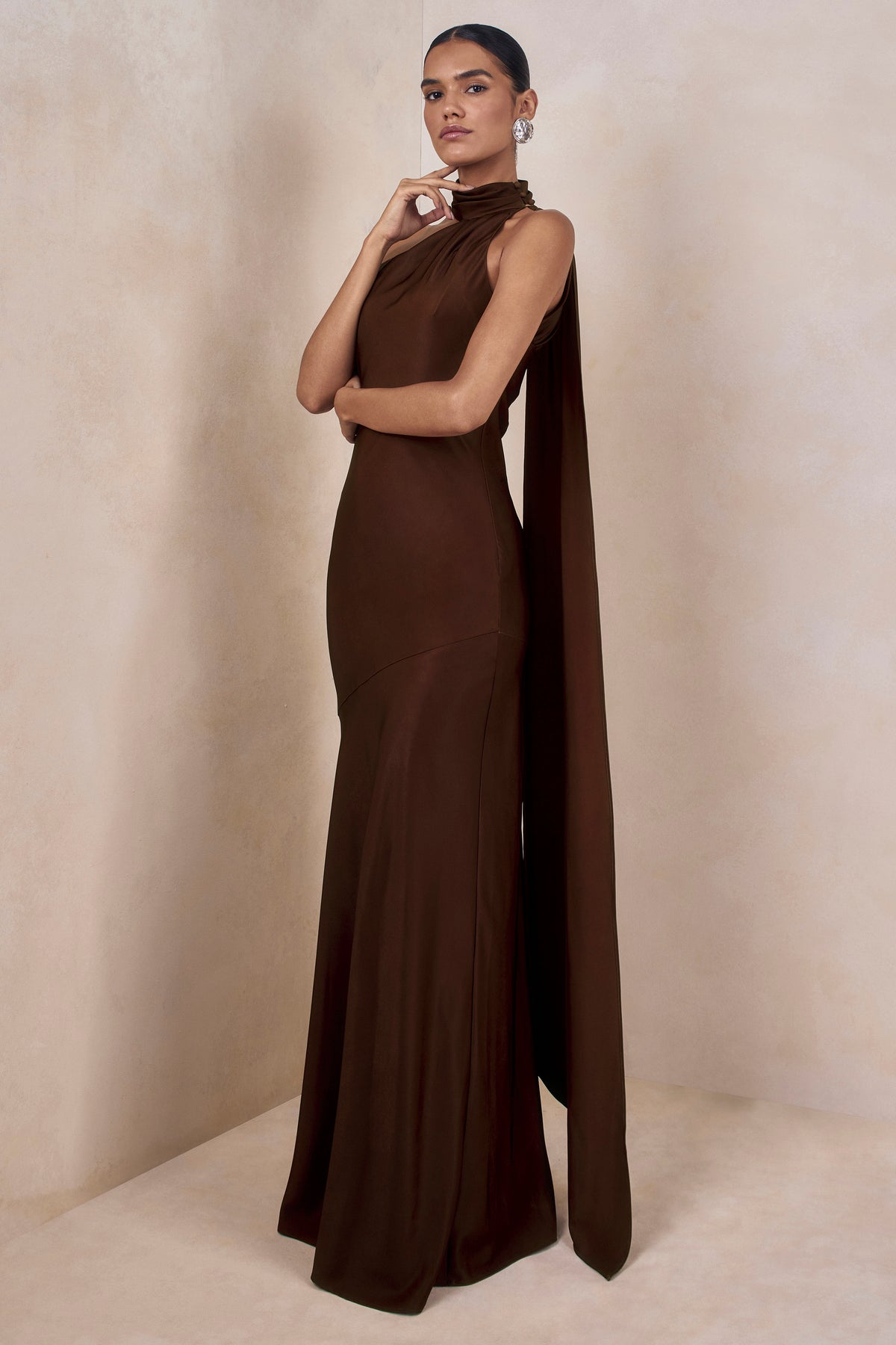 brown satin high neck dress & Other Stories | Cowl-Neck Satin Midi Dress | Brown