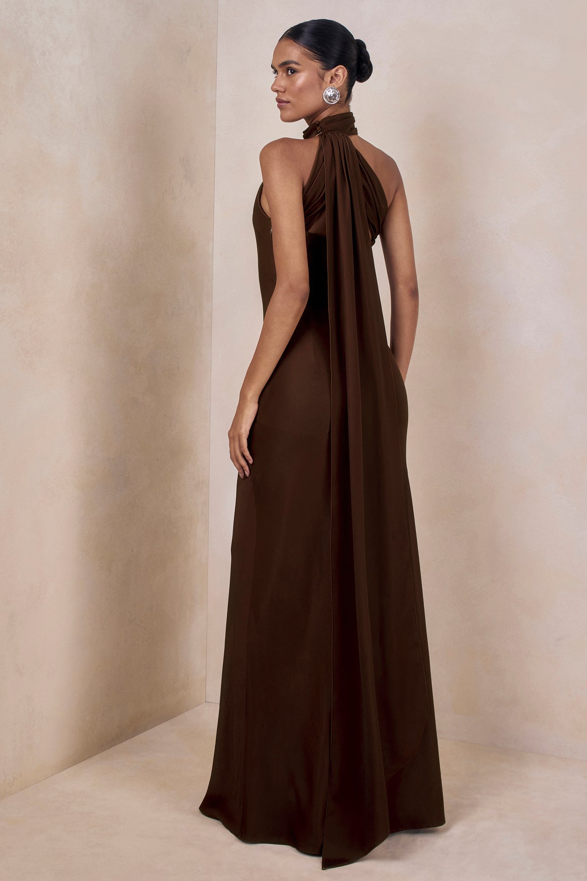 brown satin high neck dress & Other Stories | Cowl-Neck Satin Midi Dress | Brown