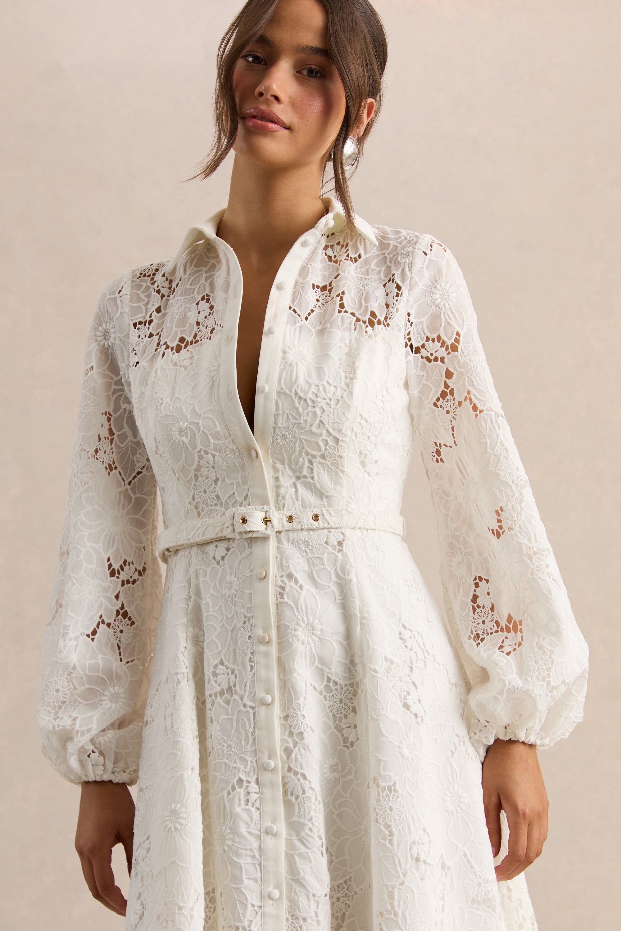 Jules | Cream Broderie High-Neck Tailored Midi Dress With Puff-Sleeves – Club L London