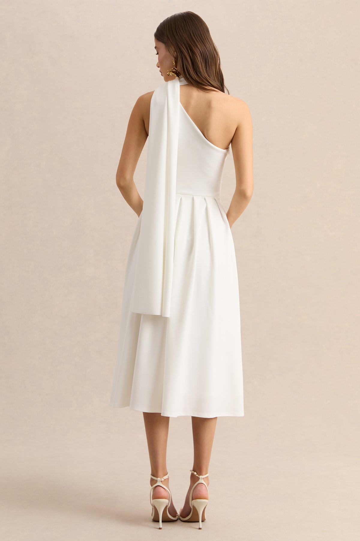 white midi dress with neck scarf Soleil