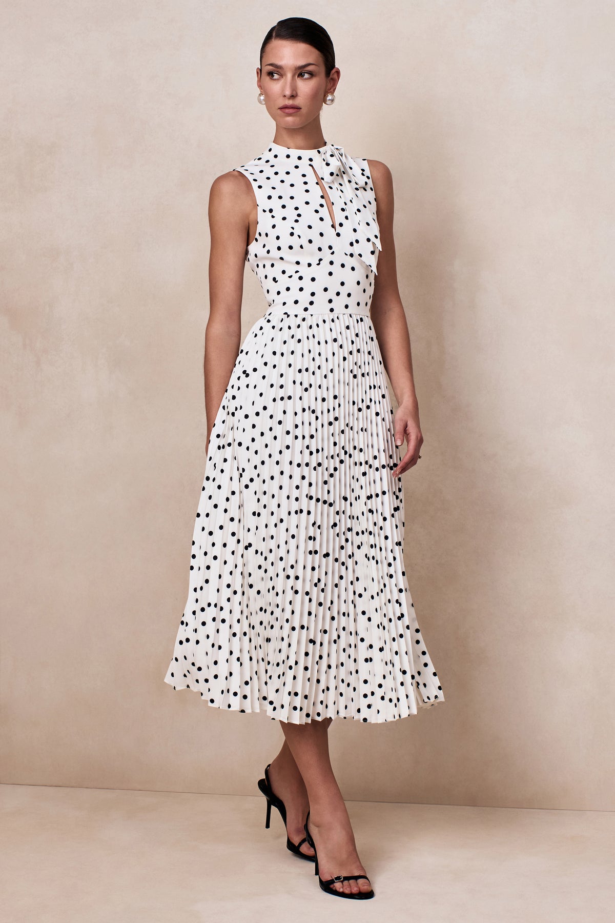 Avalon White Polka Dot Scarf-Neck Midi Dress With Pleated Skirt