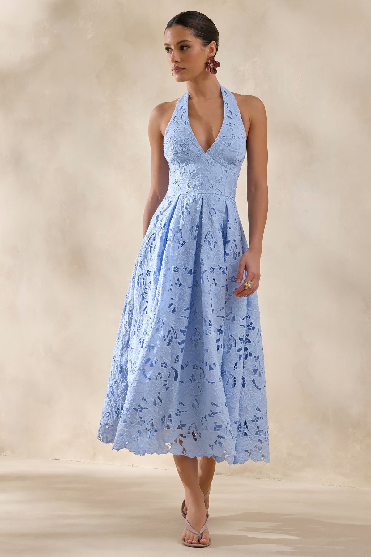 Maribel Powder Blue Lace Plunge-Neck Midi Dress Club L London - SA Maribel Powder Blue Lace Plunge-Neck Midi Dress Club L London - SA