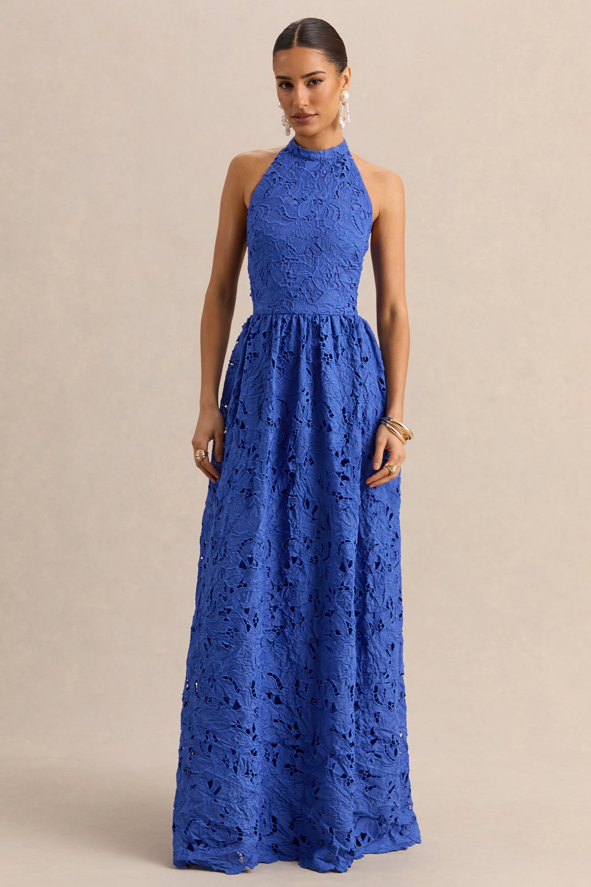 Indiana Dark Blue Broderie Halter-Neck Maxi Dress – Club L London