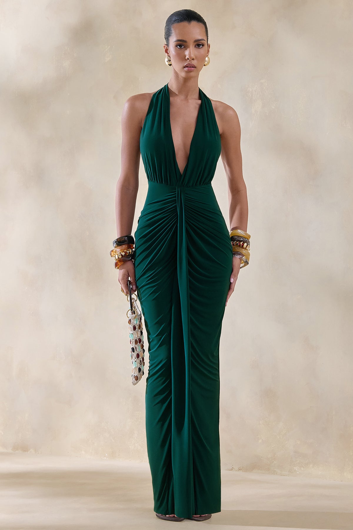 bottle green long dress Betsy | Bottle Green High-Neck Maxi Dress With Front Split And Ruched Detailing