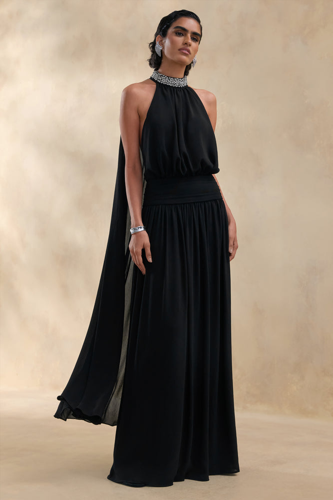 Marie Black Halter-Neck Maxi Dress With Embellished Detailing – Club L  London