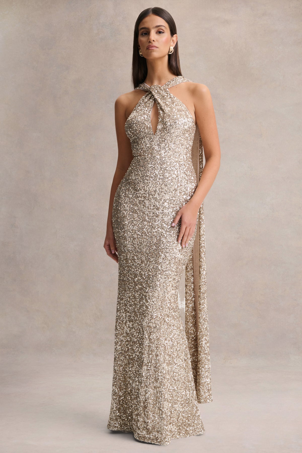 Renelle Gold Sequin Halter-Neck Maxi Dress Club L London - SA Renelle Gold Sequin Halter-Neck Maxi Dress Club L London - SA