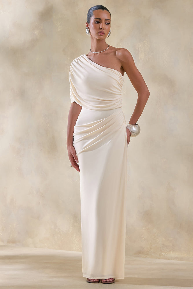 Iberia Cream Asymmetric-Neck Maxi Dress With Draped Detail  Club L London  - SA