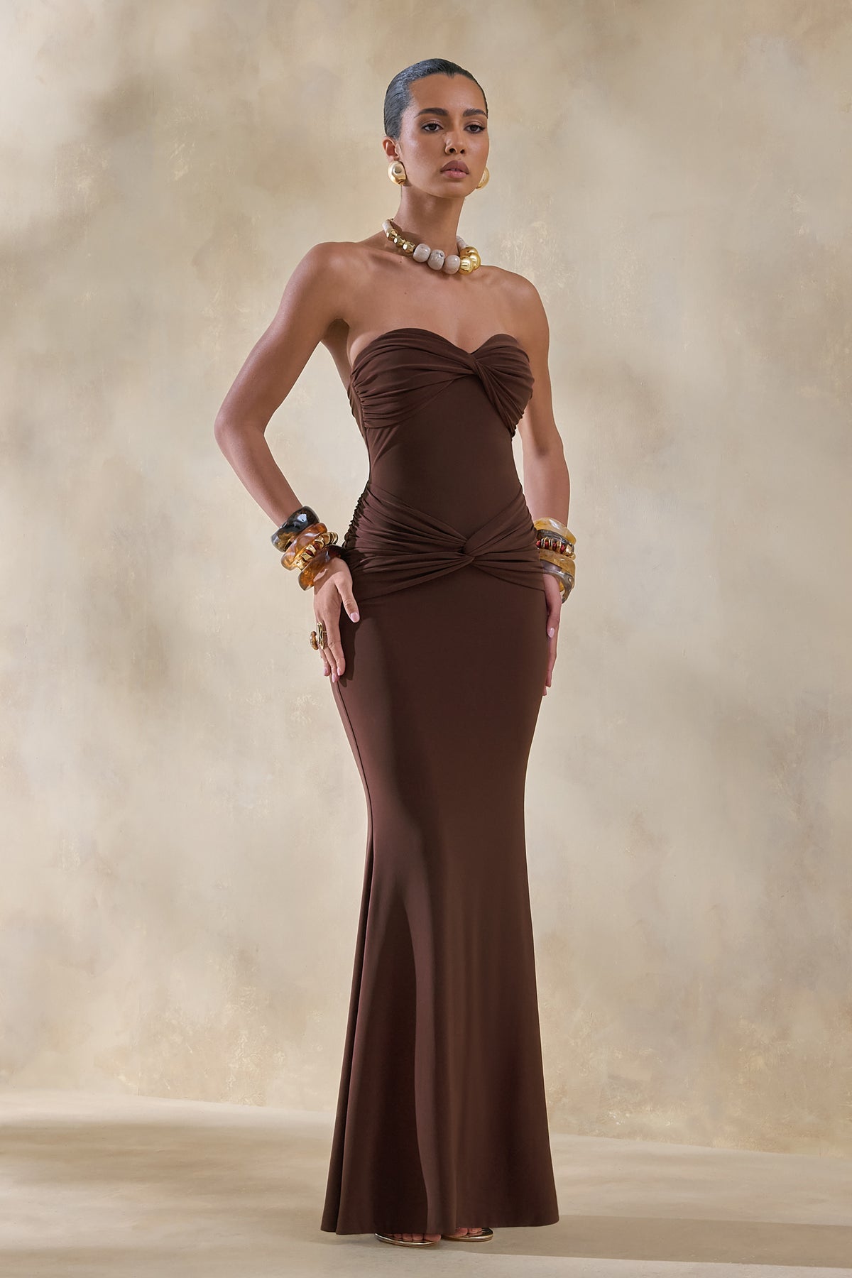 bandeau ruffle detail maxi dress in brown Bandeau Ruffle Detail Mini Dress In Brown Crochet Knit | EGO CA