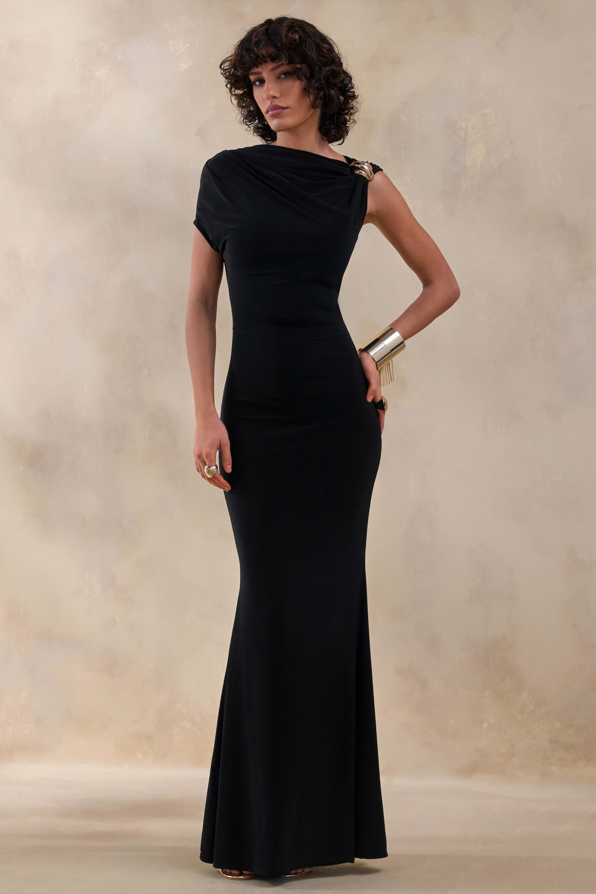 Blaire | Black Asymmetric-Neck Maxi Dress With Gold-Detailing – Club L London