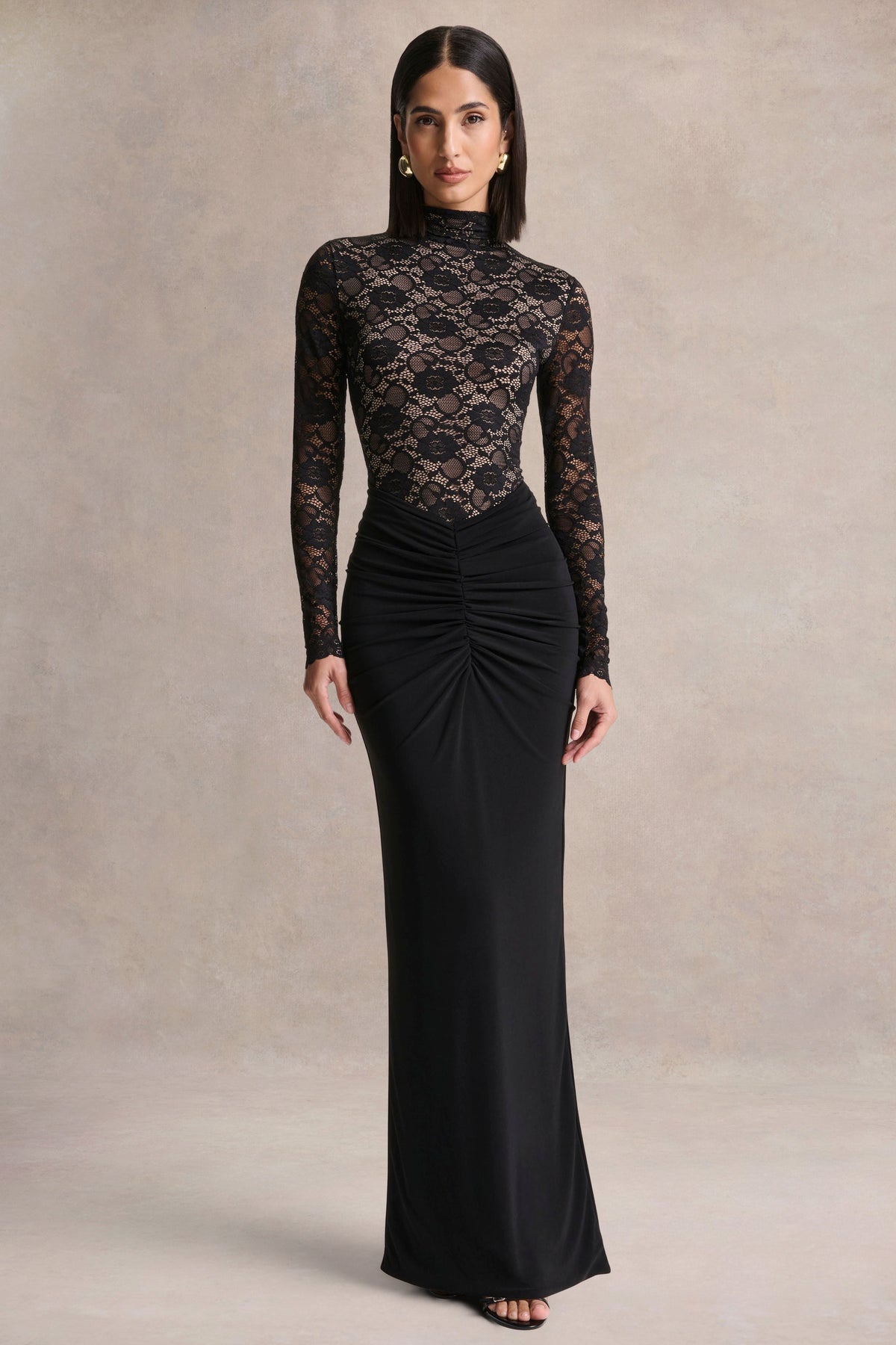 Justina Black High-Neck Maxi Dress With Gathered-Detailing – Club L London 