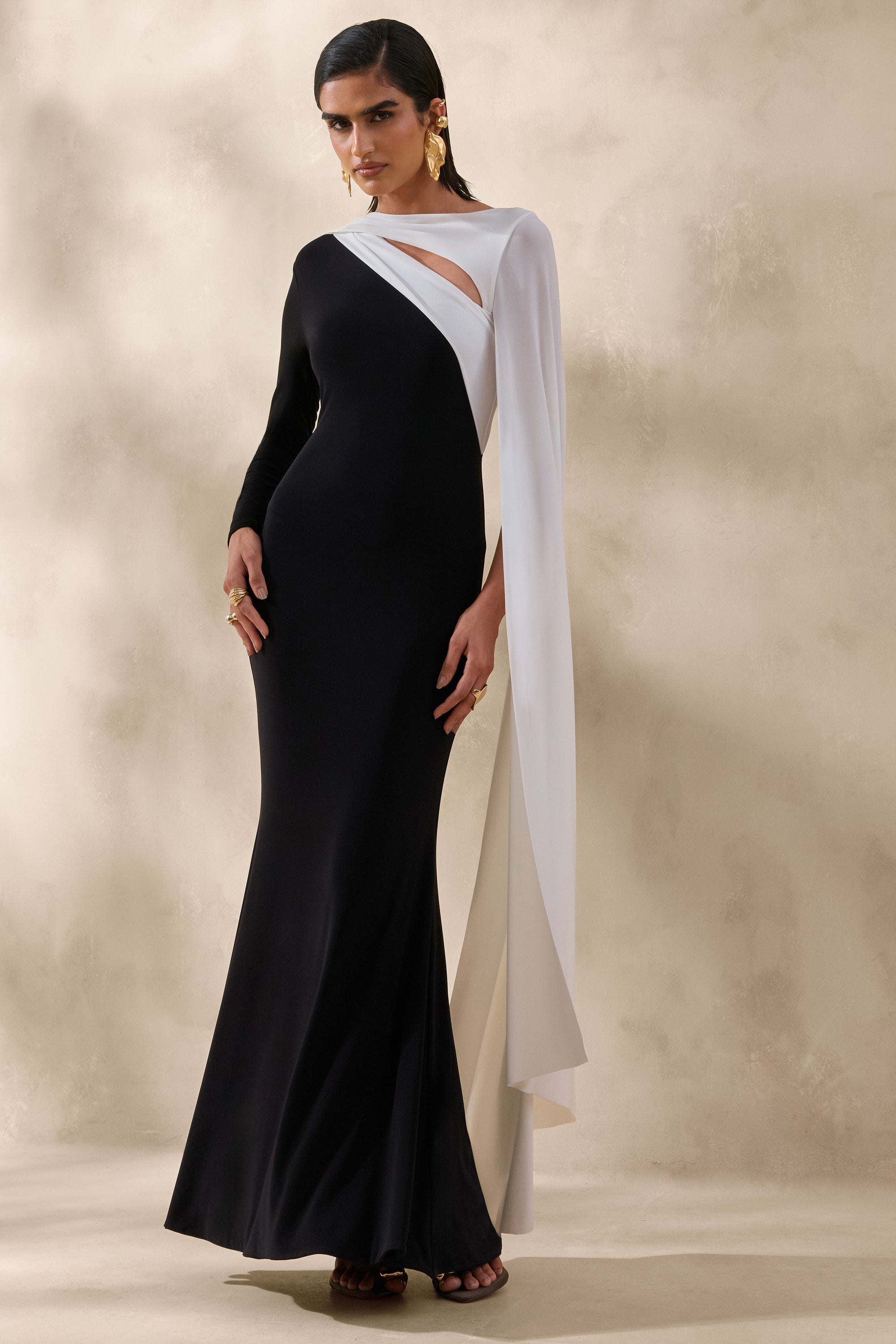 ECM_HR_CL137551002 - Dabria _ Black And White Asymmetric-Neck Maxi Dress With Cape-Sleeve 0.jpg
