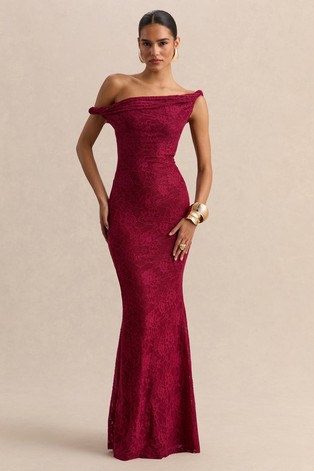 Afina Burgundy Lace Asymmetric-Neck Maxi Dress  Club L London - SA