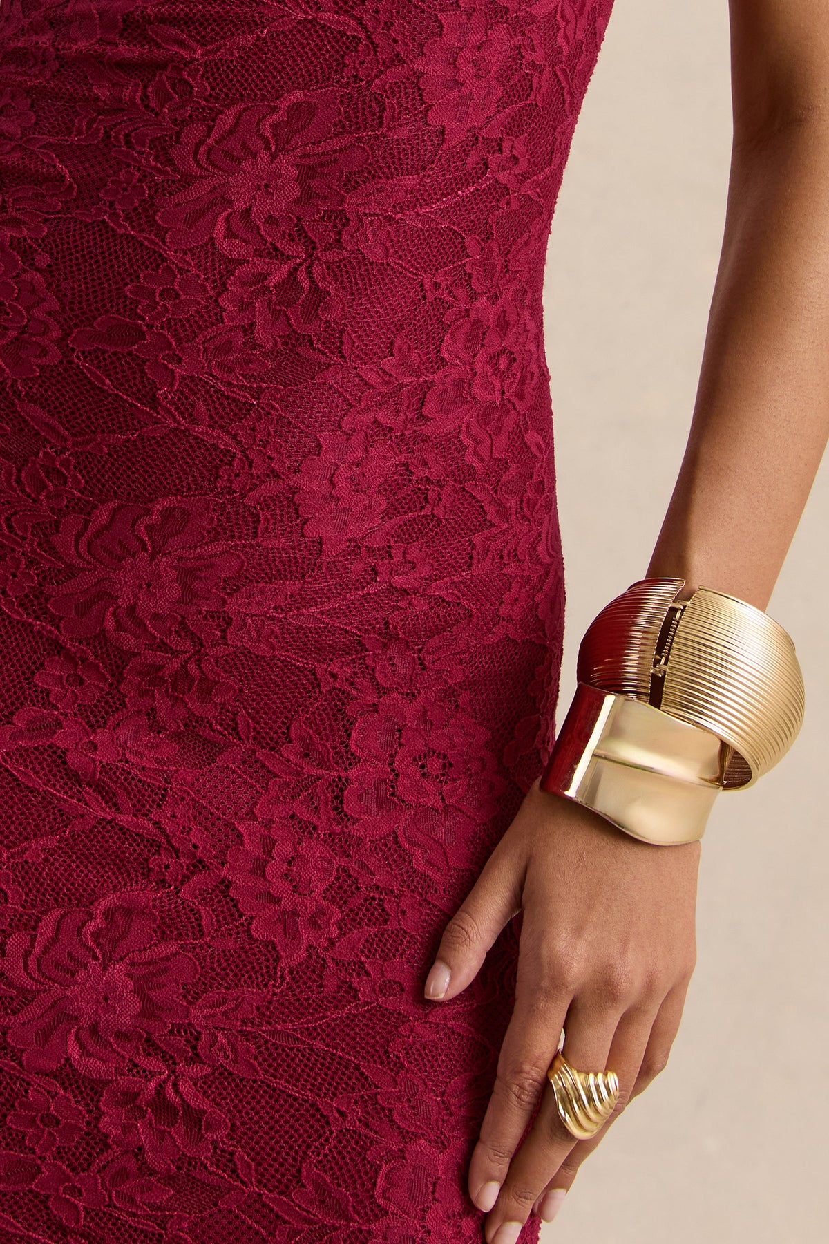 Afina Burgundy Lace Asymmetric-Neck Maxi Dress – Club L London