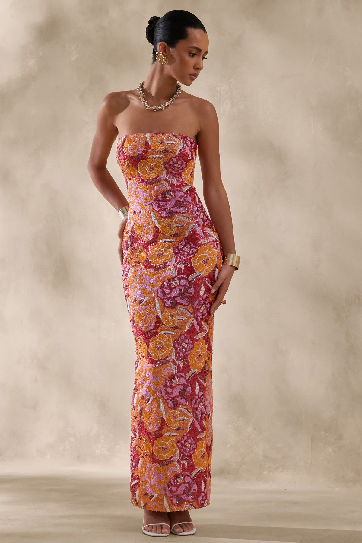 strapless open back dress Tropical Orange Ombre Satin Mini Dress With Ruffle Hem – Club L London main image 1