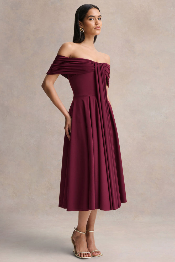 burgundy bardot dress Dearest Burgundy Bardot-Neck Midi Dress – Club L London