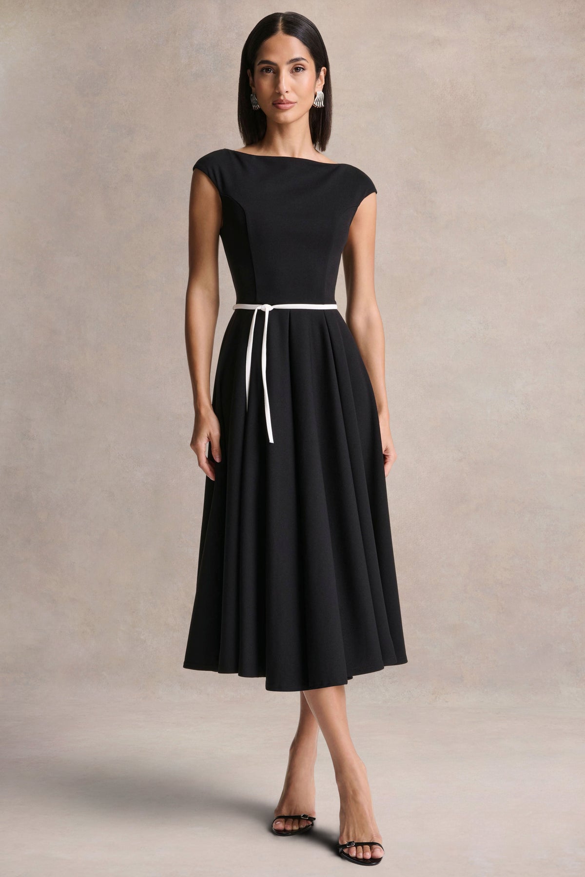 Nataline Black Round-Neck Midi Dress With White Belt-Detail  Club L London  - SA