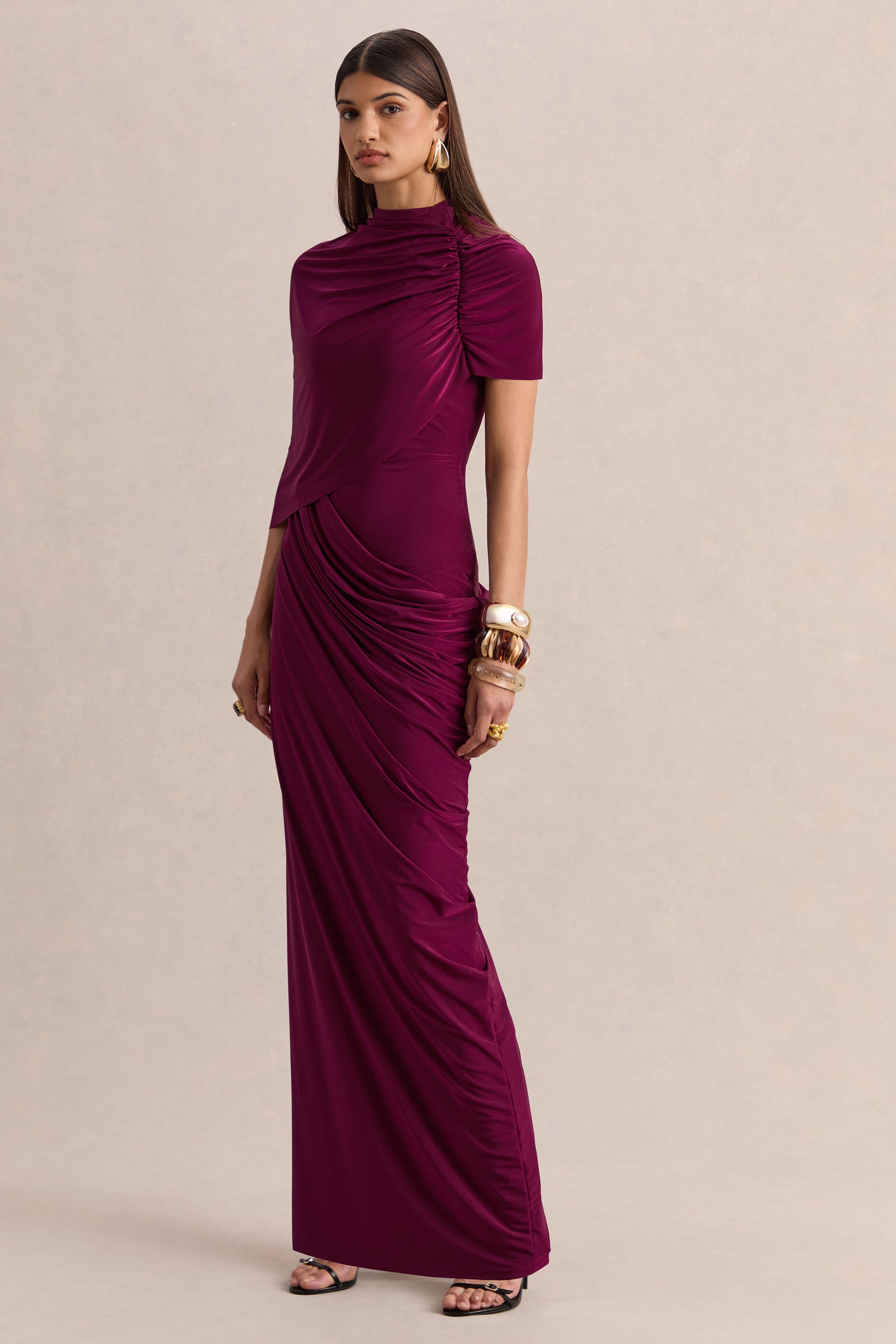 ECM_HR_CL137651102 - Lunaline _ Burgundy High-Neck Maxi Dress With Asymmetric Cape And Draped-Detailing 07.jpg