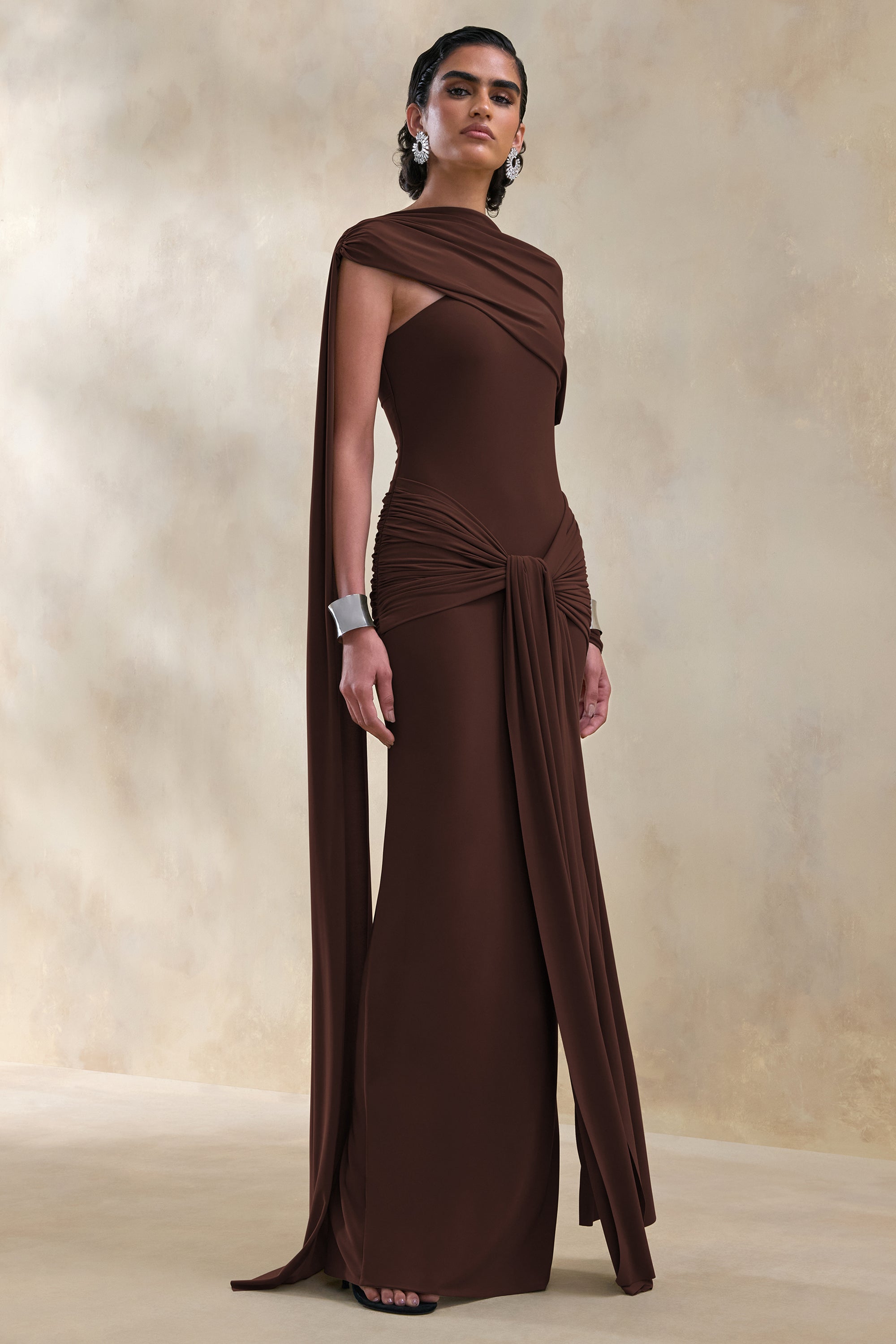ECM_HR_CL137653022 - Trisara | Brown Asymmetric-Neck Maxi Dress With Gathered-Detailing And Sash 1.jpg