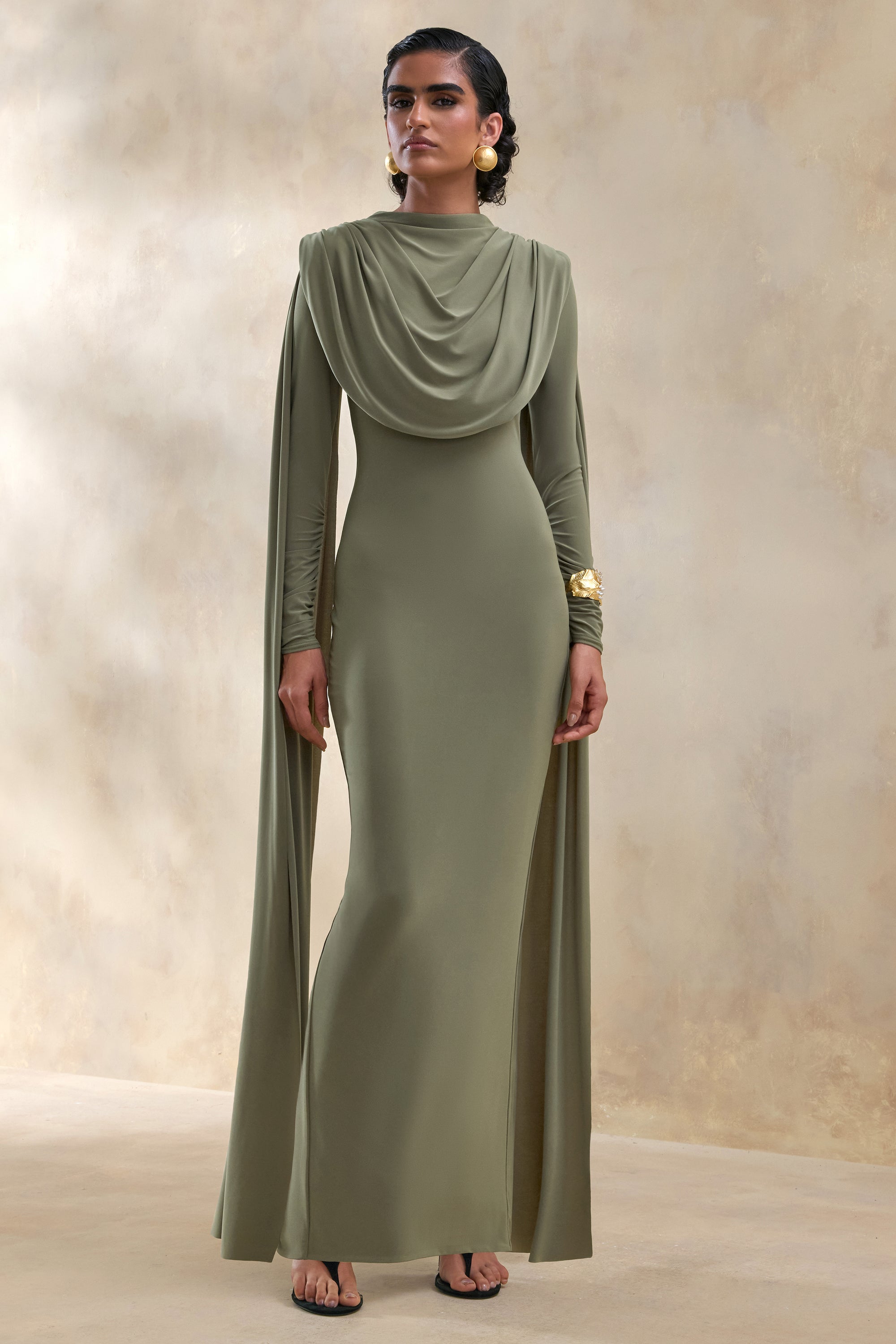 ECM_HR_CL137655031 - Lysoria | Olive High-Neck Maxi Dress With Draped-Detailing And Cape-Sleeves 0.jpg
