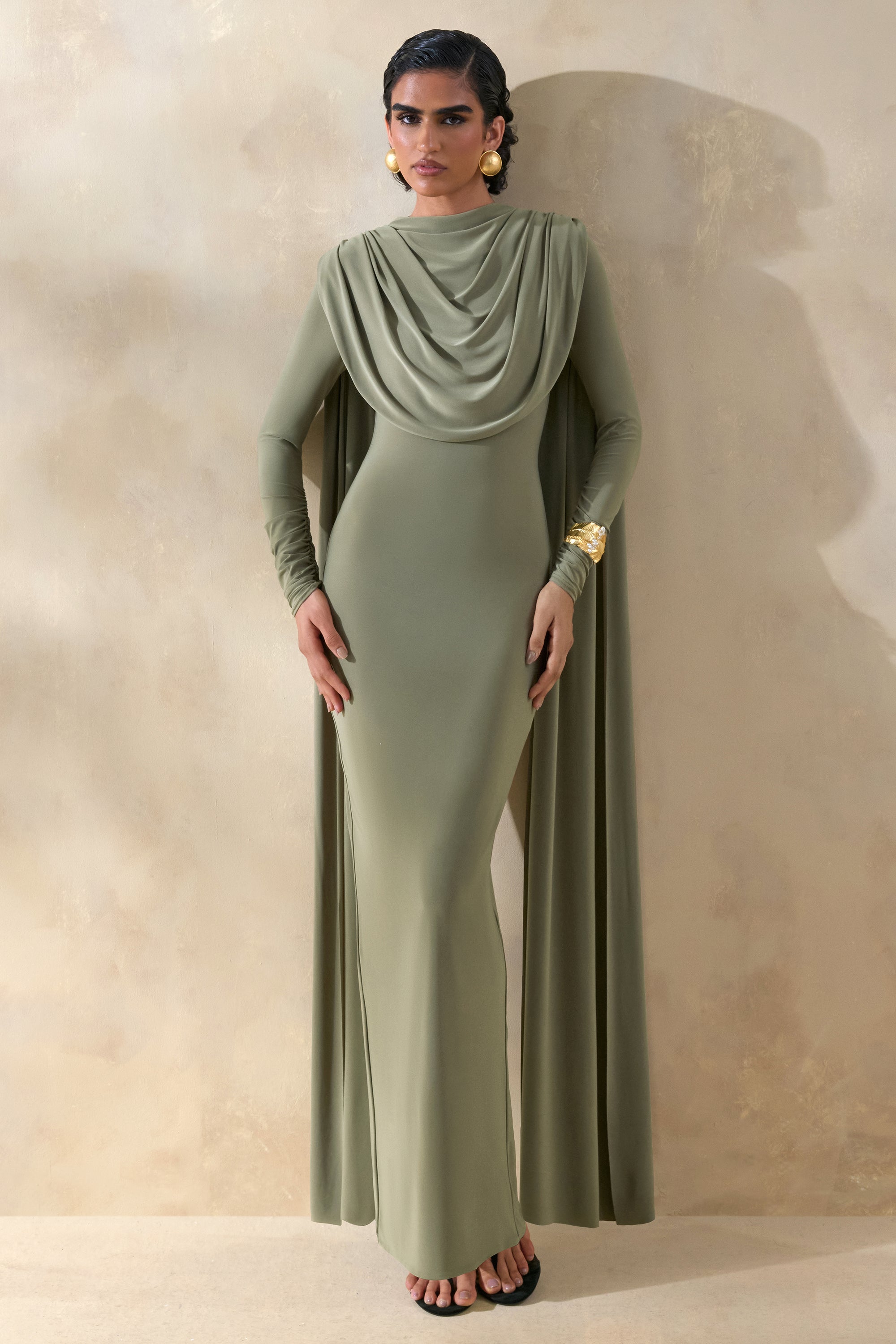 ECM_HR_CL137655031 - Lysoria | Olive High-Neck Maxi Dress With Draped-Detailing And Cape-Sleeves 3.jpg