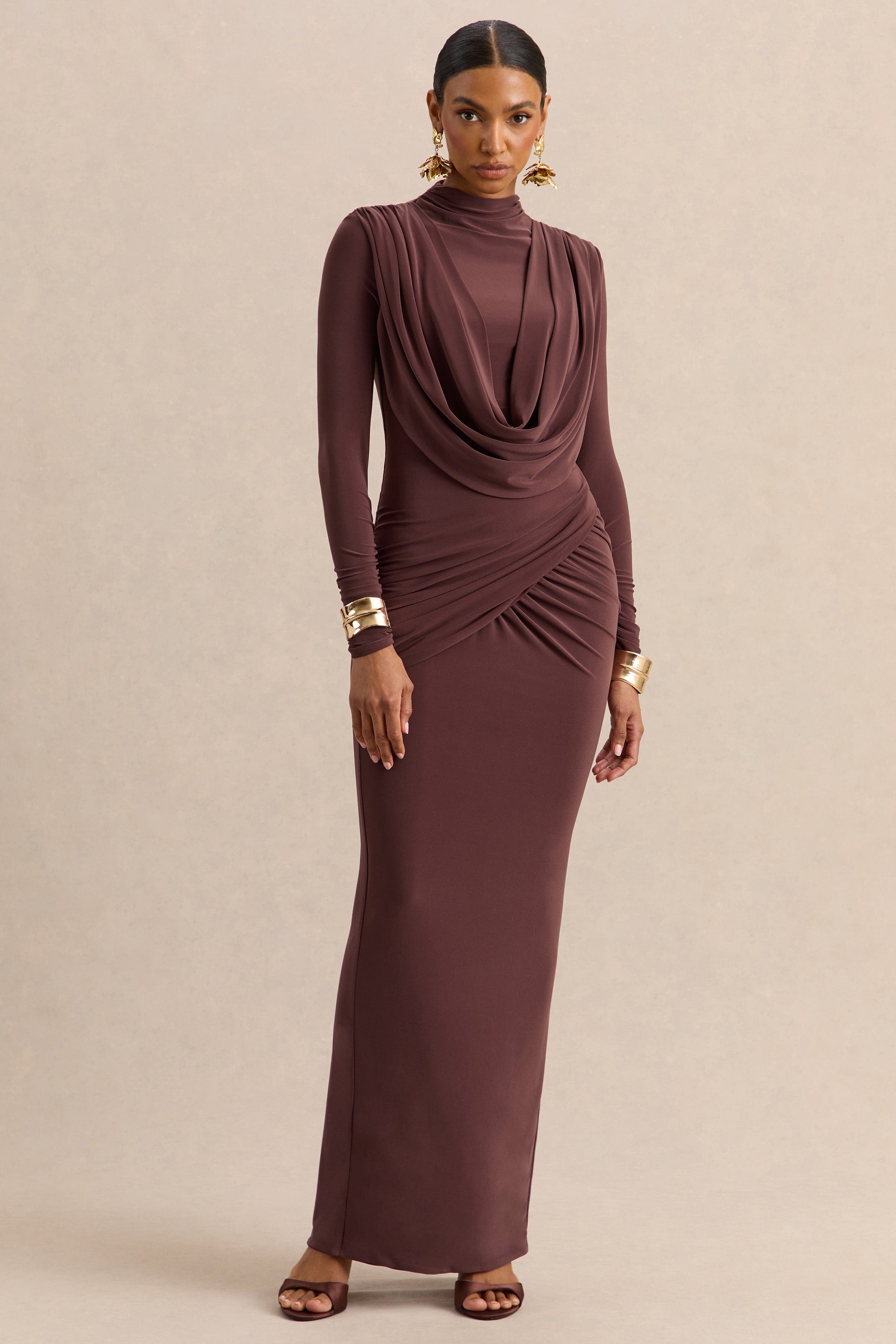 CL13766002206_ECM_HR_CL137660022_-_Karinthia_Brown_High-Neck_Maxi_Dress_With_Draped-Detailing_0_e730253d-2771-43e8-a0d3-381633363ed0
