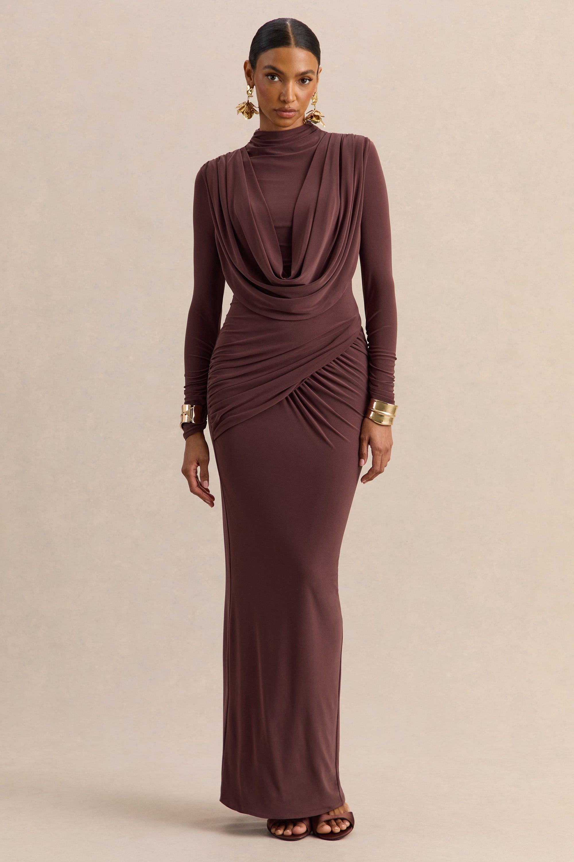CL13766002206_ECM_HR_CL137660022_-_Karinthia_Brown_High-Neck_Maxi_Dress_With_Draped-Detailing_1_0e75fc46-4712-4775-8029-ff4cf5c2f169