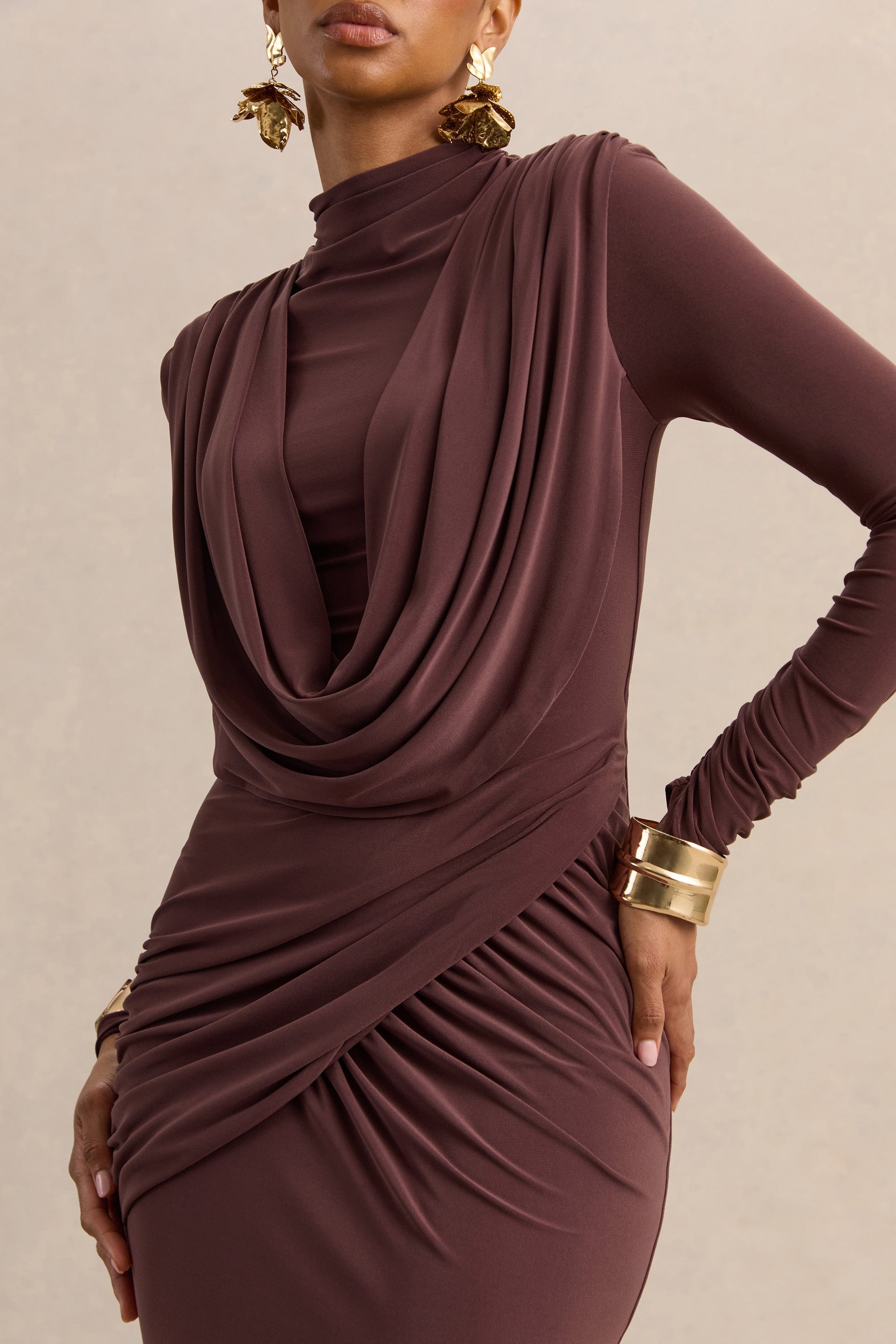 CL13766002206_ECM_HR_CL137660022_-_Karinthia_Brown_High-Neck_Maxi_Dress_With_Draped-Detailing_2_fa3ba5a1-0b55-4da7-bab8-856cb61e979a