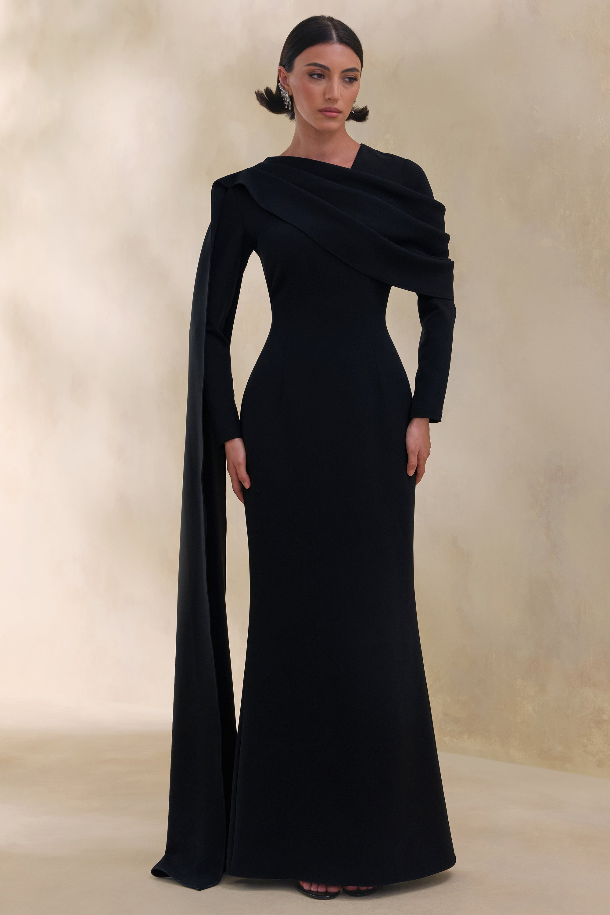 ECM_HR_CL137671001 - Heliora _ Black V-Neck Maxi Dress With Sash And Draped-Detail 1.jpg