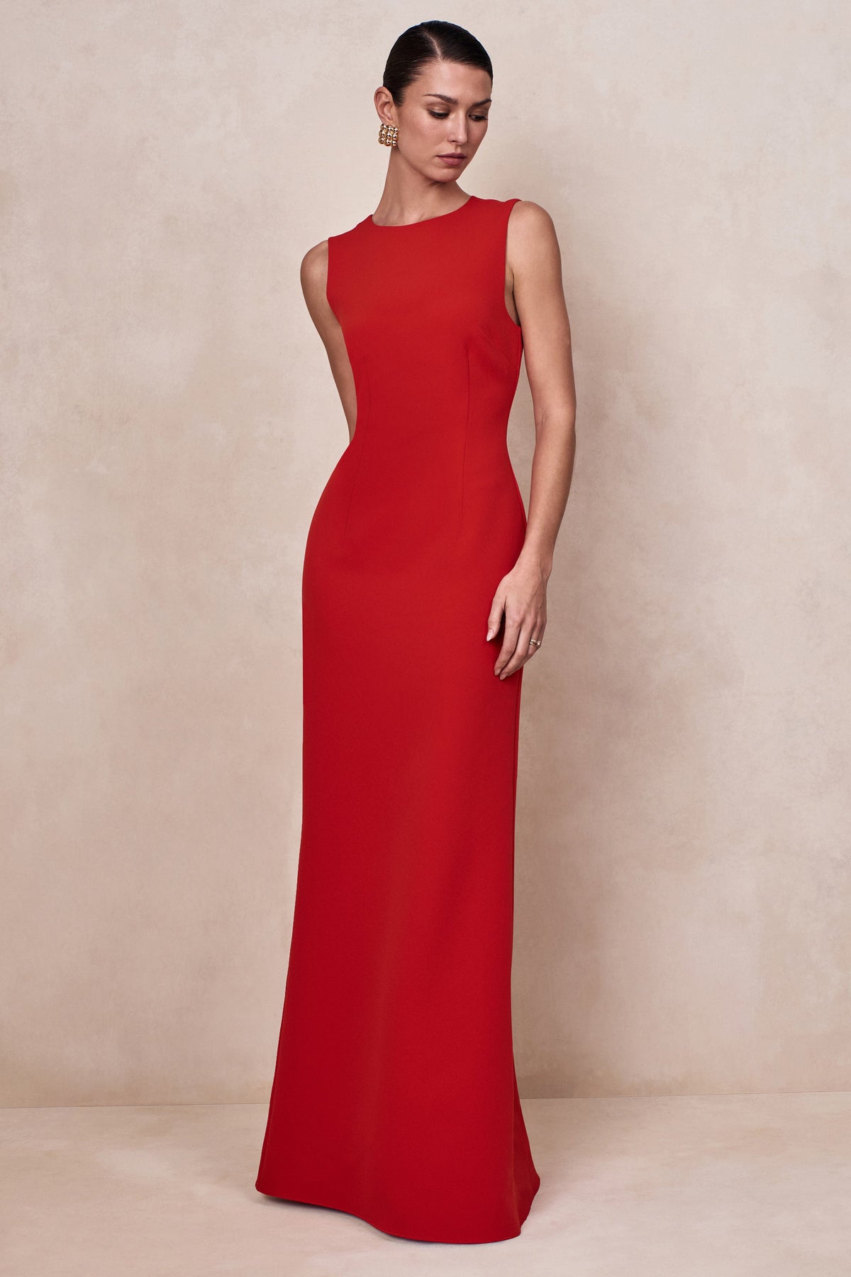 red dress club london Lenora Red High Neck Maxi Dress with Ruched Detailing and Split Club L London