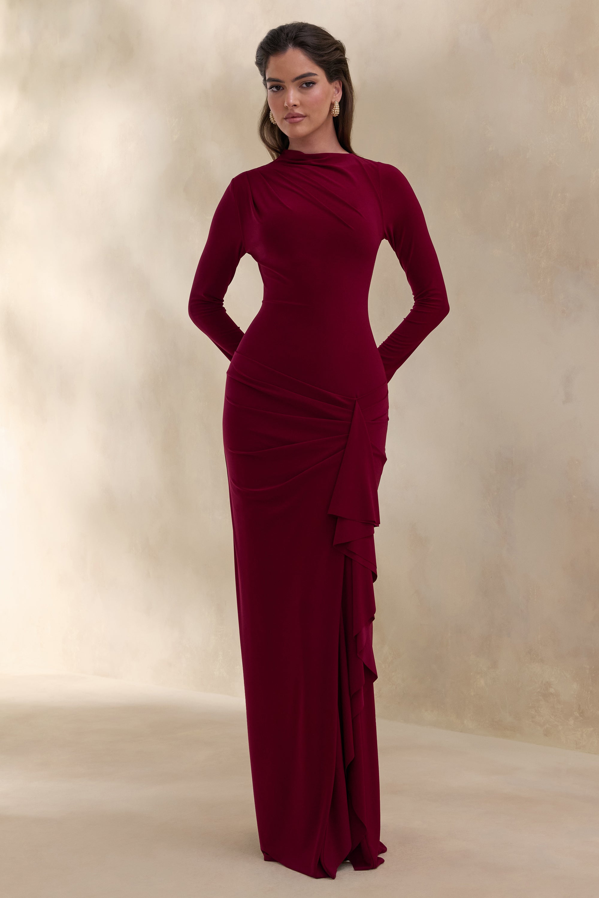ECM_HR_CL137677101 - Karessa | Berry High-Neck Maxi Dress With Gathered Detailing And Front-High Split 3.jpg