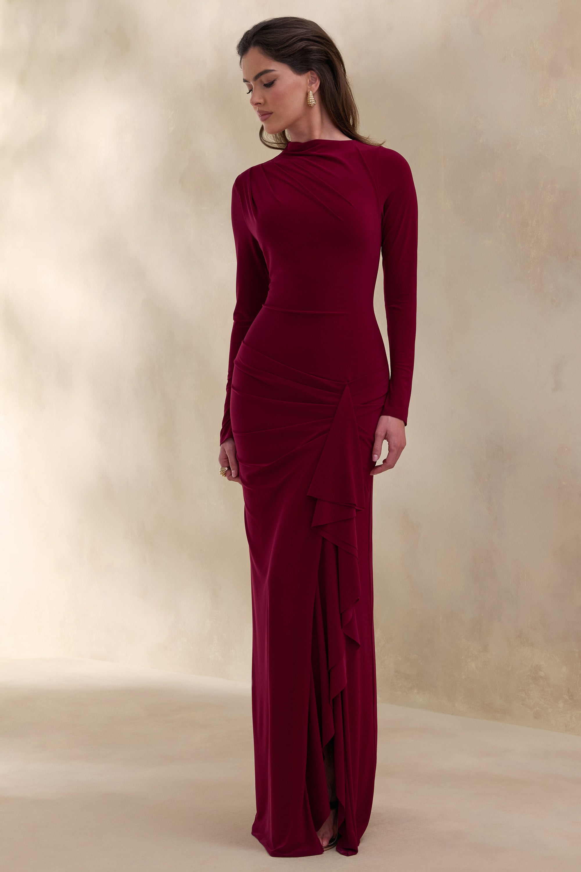 ECM_HR_CL137677101 - Karessa | Berry High-Neck Maxi Dress With Gathered Detailing And Front-High Split 4.jpg