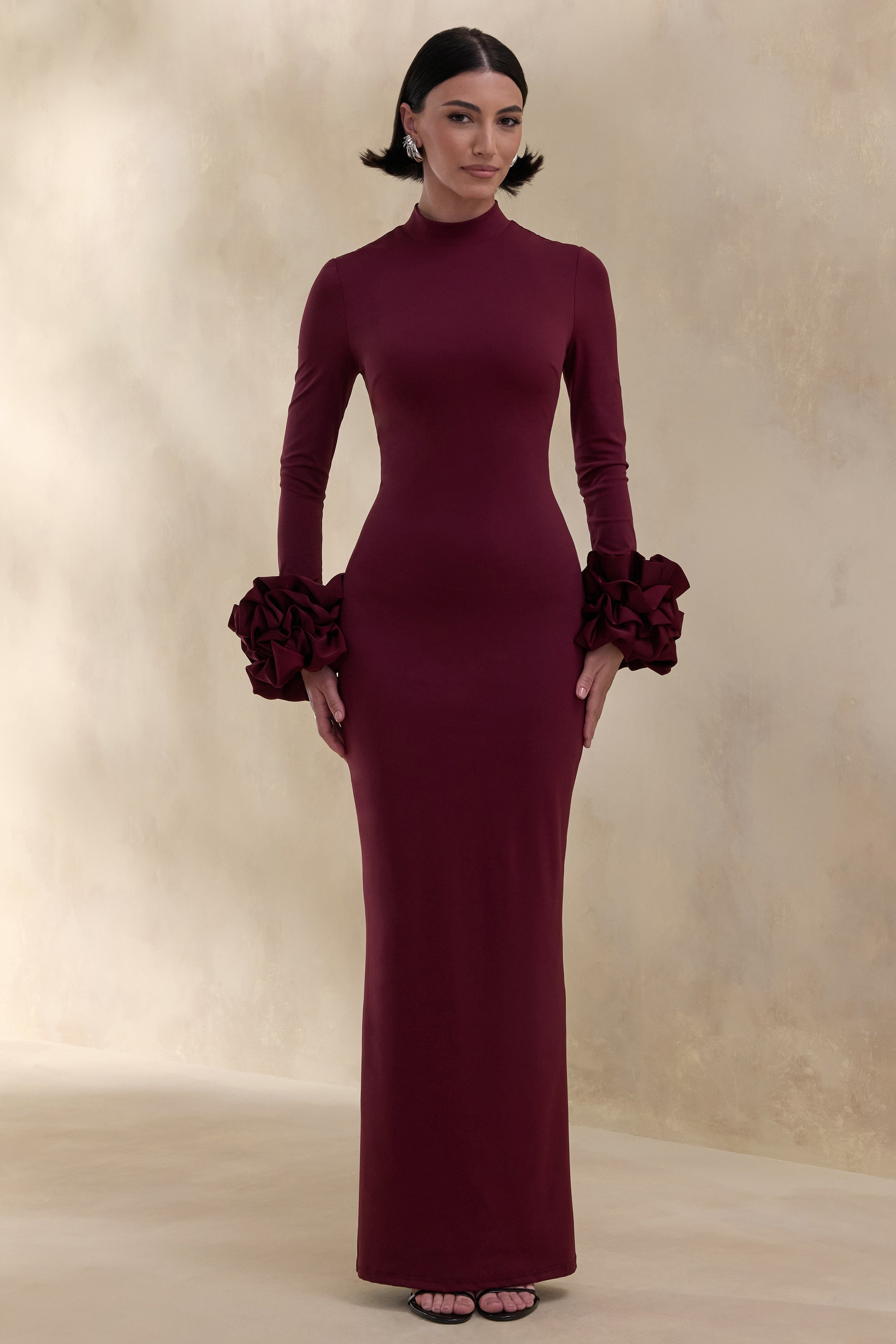 ECM_HR_CL137681090 - Jaselle | Dark Plum High-Neck Maxi Dress With Ruffled Satin-Cuffs 0.jpg