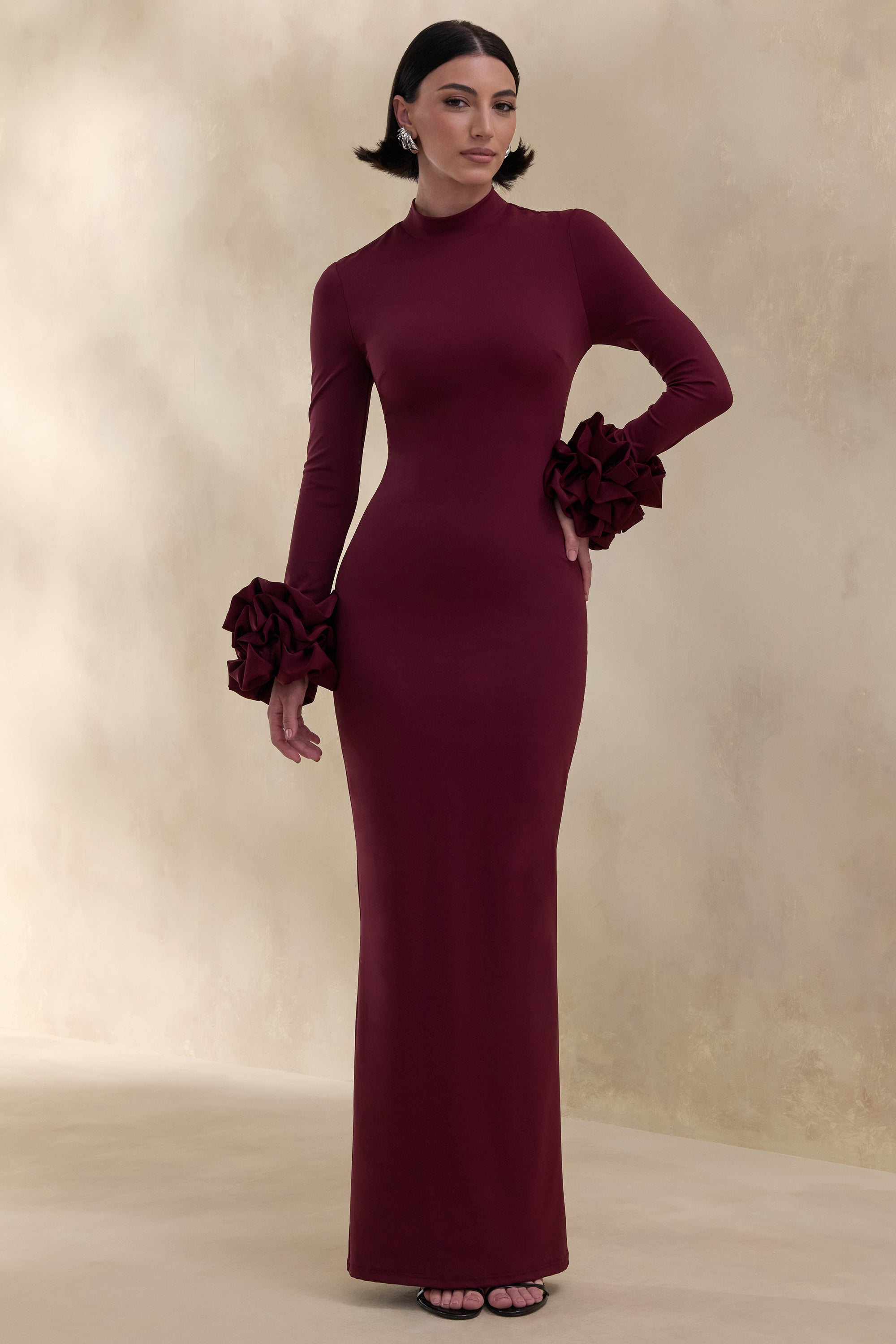 ECM_HR_CL137681090 - Jaselle | Dark Plum High-Neck Maxi Dress With Ruffled Satin-Cuffs 1.jpg