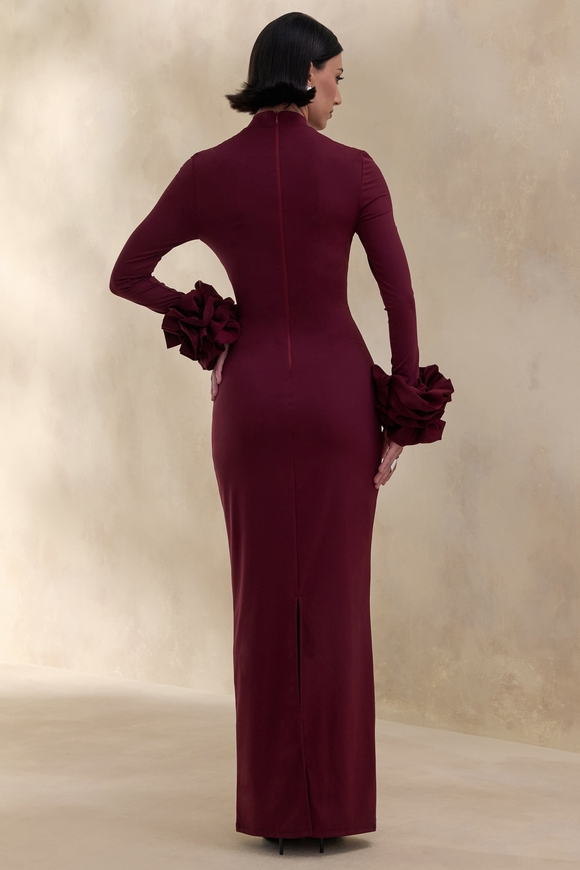 ECM_HR_CL137681090 - Jaselle | Dark Plum High-Neck Maxi Dress With Ruffled Satin-Cuffs 3.jpg