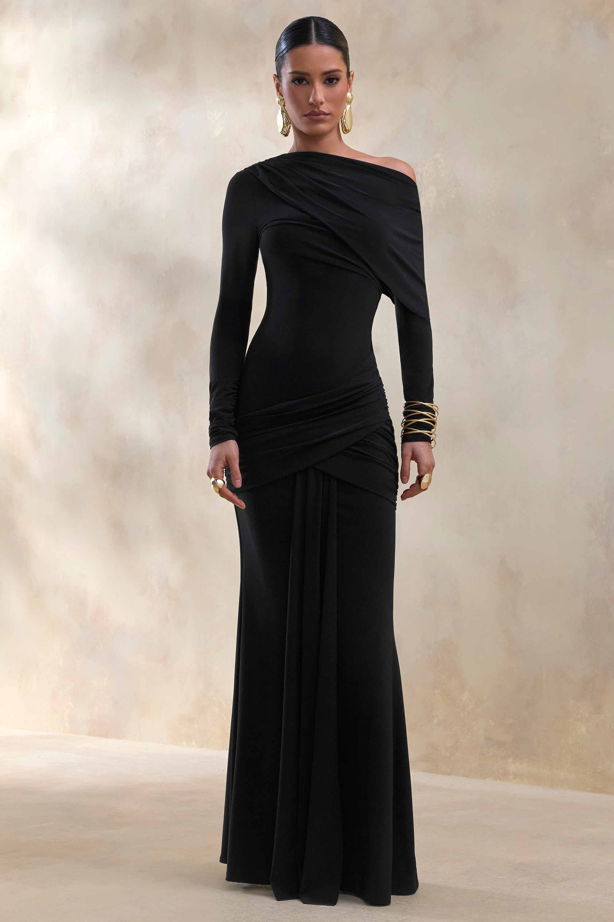 ECM_HR_CL137685001 - Kessara _ Black Asymmetric-Neck Maxi Dress With Sash And Gathered-Detailing 0.jpg