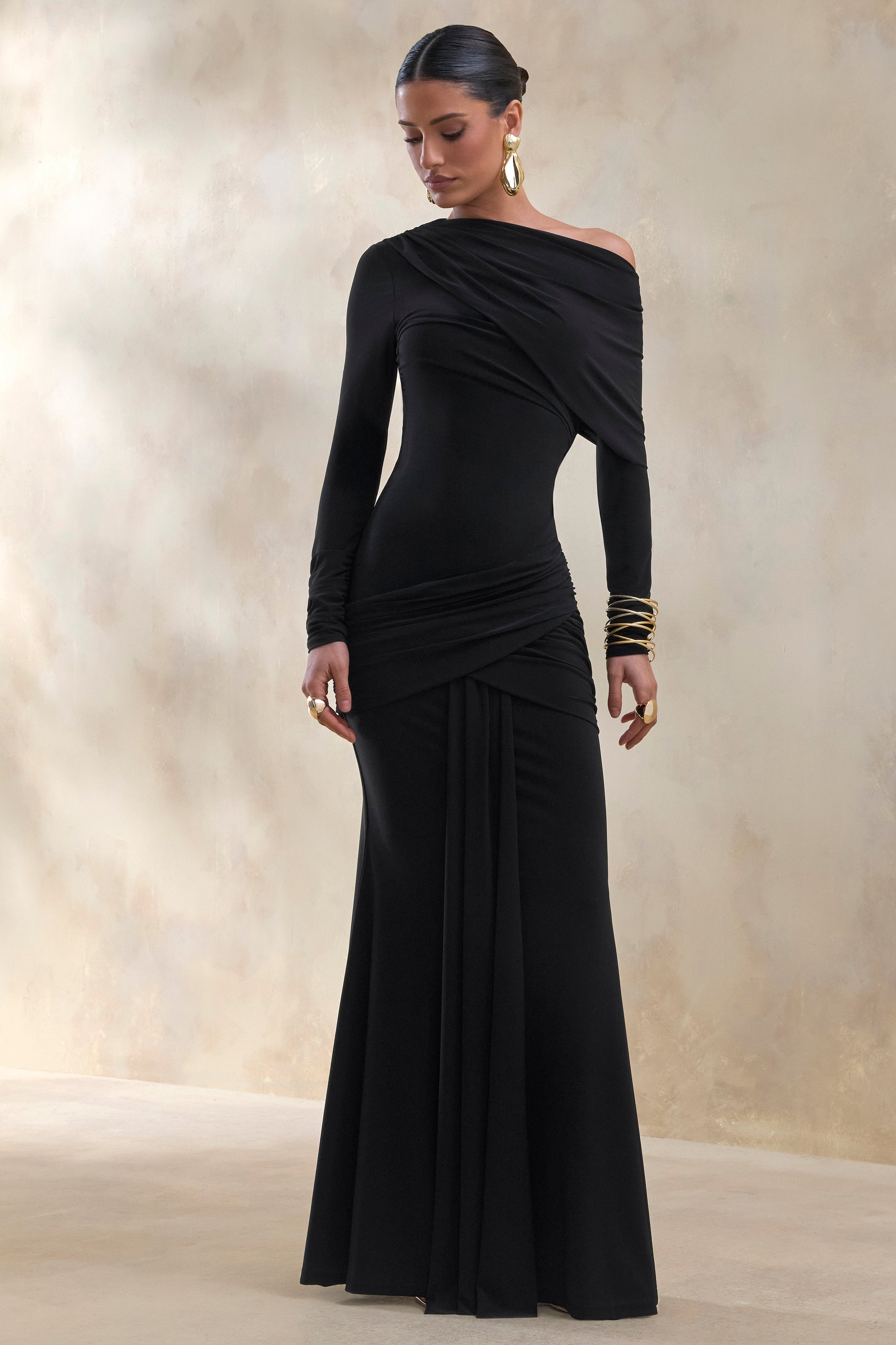 ECM_HR_CL137685001 - Kessara _ Black Asymmetric-Neck Maxi Dress With Sash And Gathered-Detailing 1.jpg