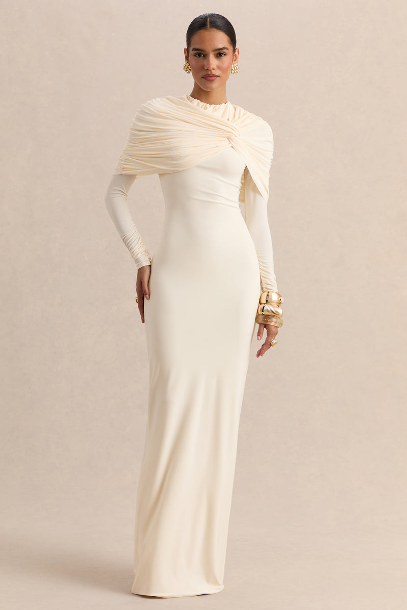 ECM-HR-CL137698111 - Evessa - Cream High-Neck Maxi Dress With Gathered-Detailing 02.jpg