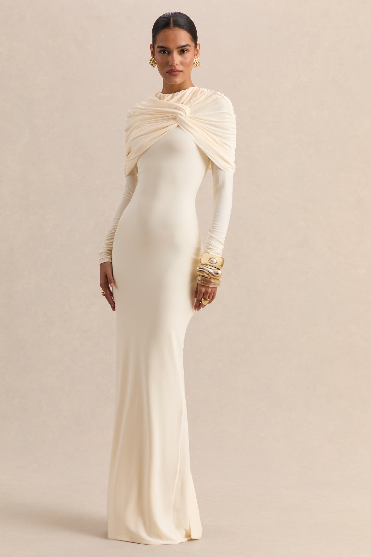 ECM_HR-CL137698111 - Evessa - Cream High-Neck Maxi Dress With Gathered-Detailing 01.jpg